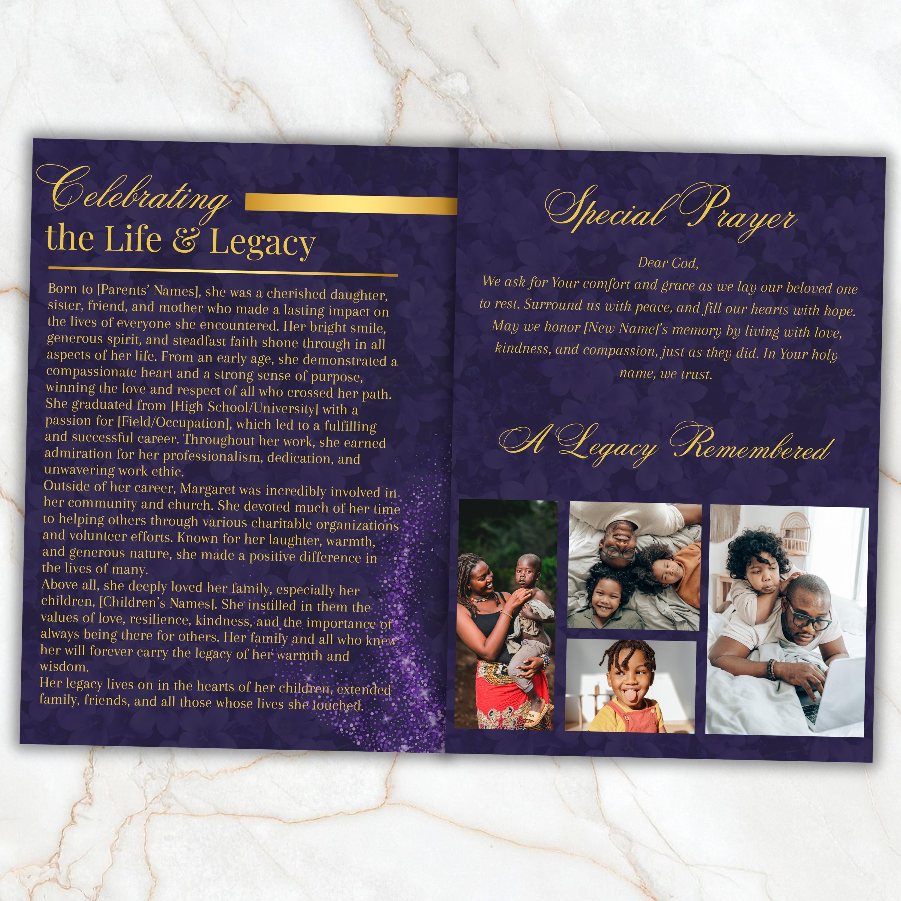 6 Pages Memorial Funeral Program Edtiable Template, In Loving Memory Purple Funeral Canva Template, Obituary Celebration Of Life Program - Editable Memorial Canva Template