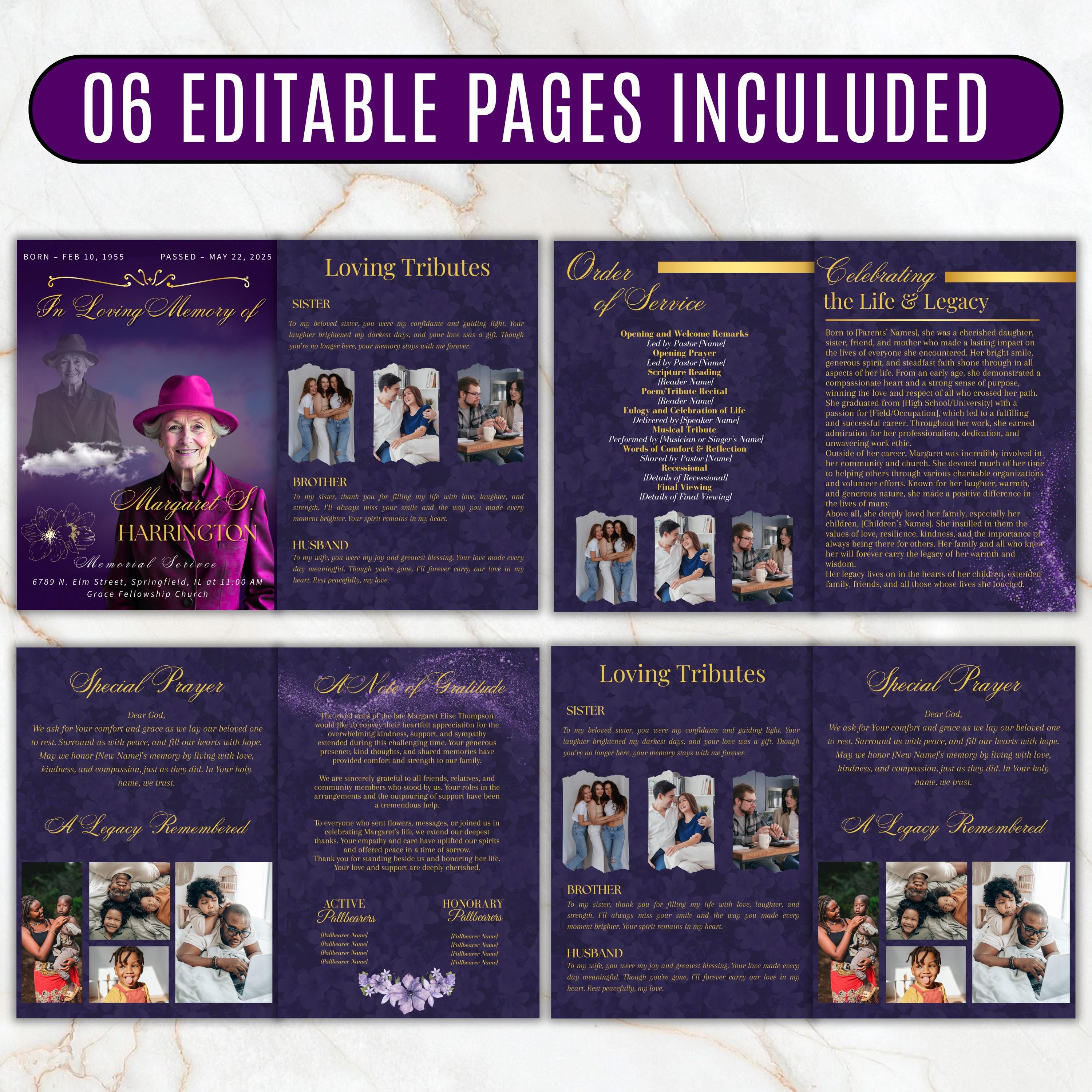 6 Pages Memorial Funeral Program Edtiable Template, In Loving Memory Purple Funeral Canva Template, Obituary Celebration Of Life Program - Editable Memorial Canva Template
