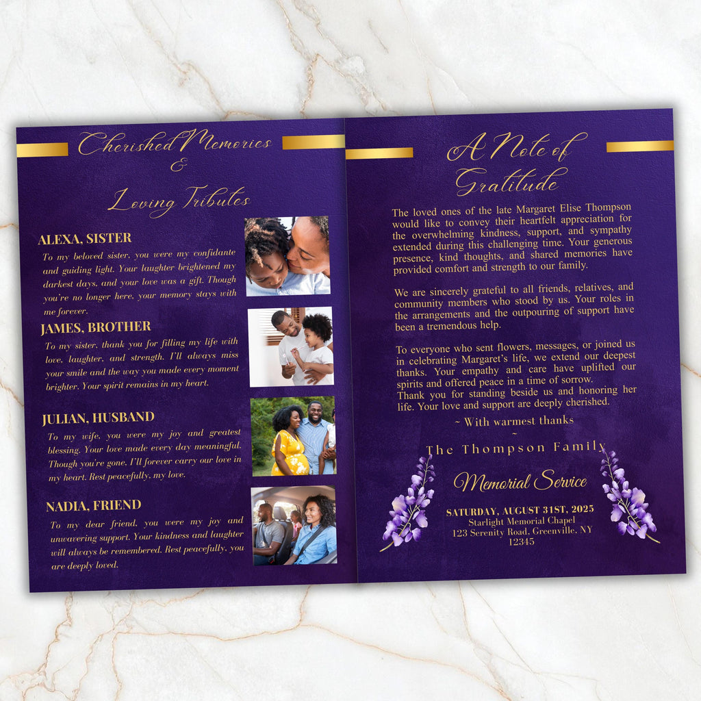 6 Pages Memorial Funeral Program Edtiable Template, In Loving Memory Purple Book Funeral Canva Template,Obituary Celebration Of Life Program - Editable Memorial Canva Template
