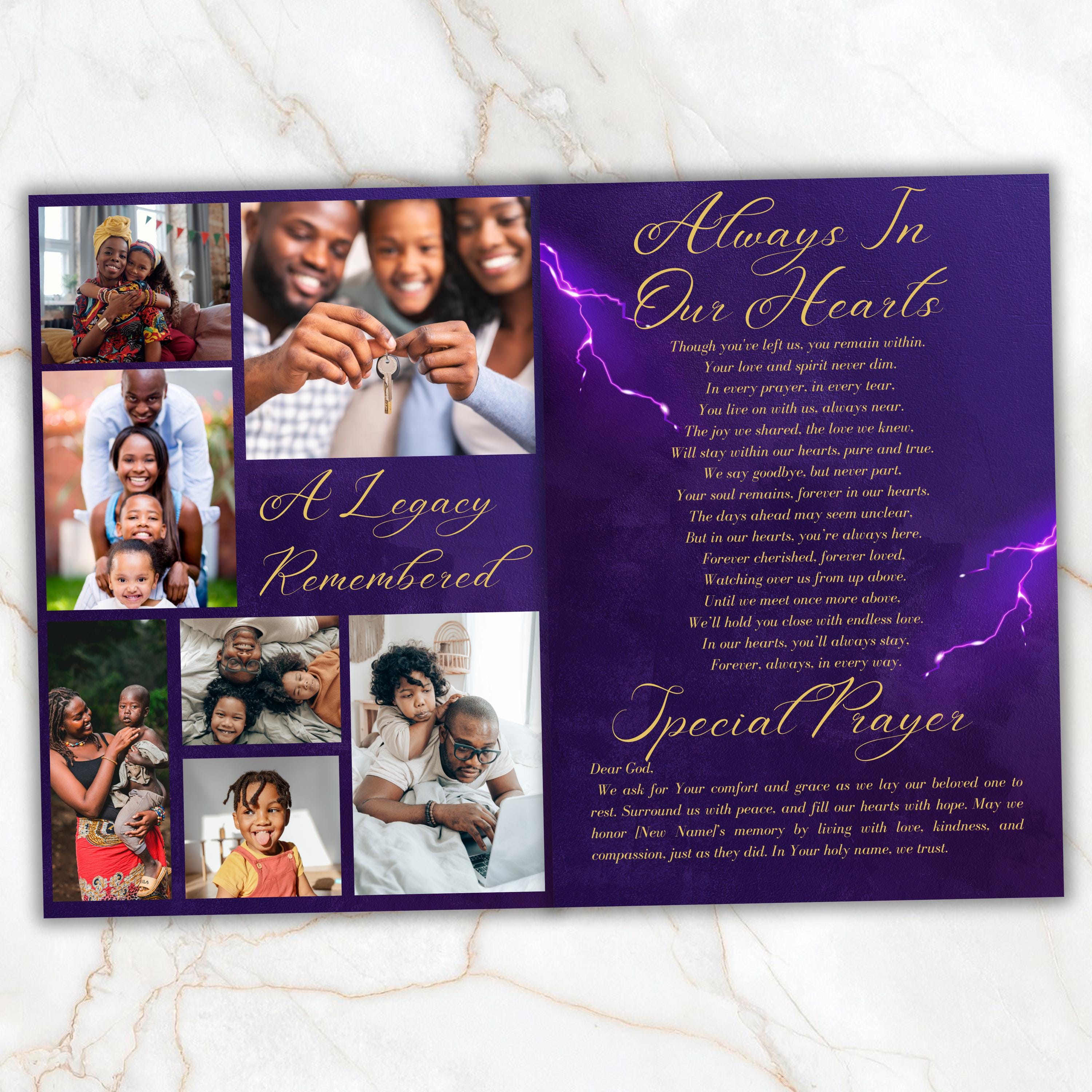 6 Pages Memorial Funeral Program Edtiable Template, In Loving Memory Purple Book Funeral Canva Template,Obituary Celebration Of Life Program - Editable Memorial Canva Template