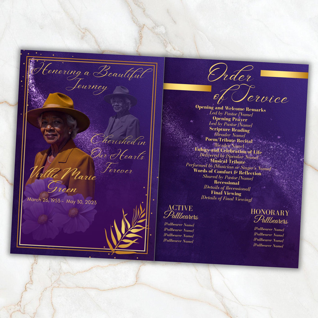 6 Pages Memorial Funeral Program Edtiable Template, In Loving Memory Purple Book Funeral Canva Template,Obituary Celebration Of Life Program - Editable Memorial Canva Template