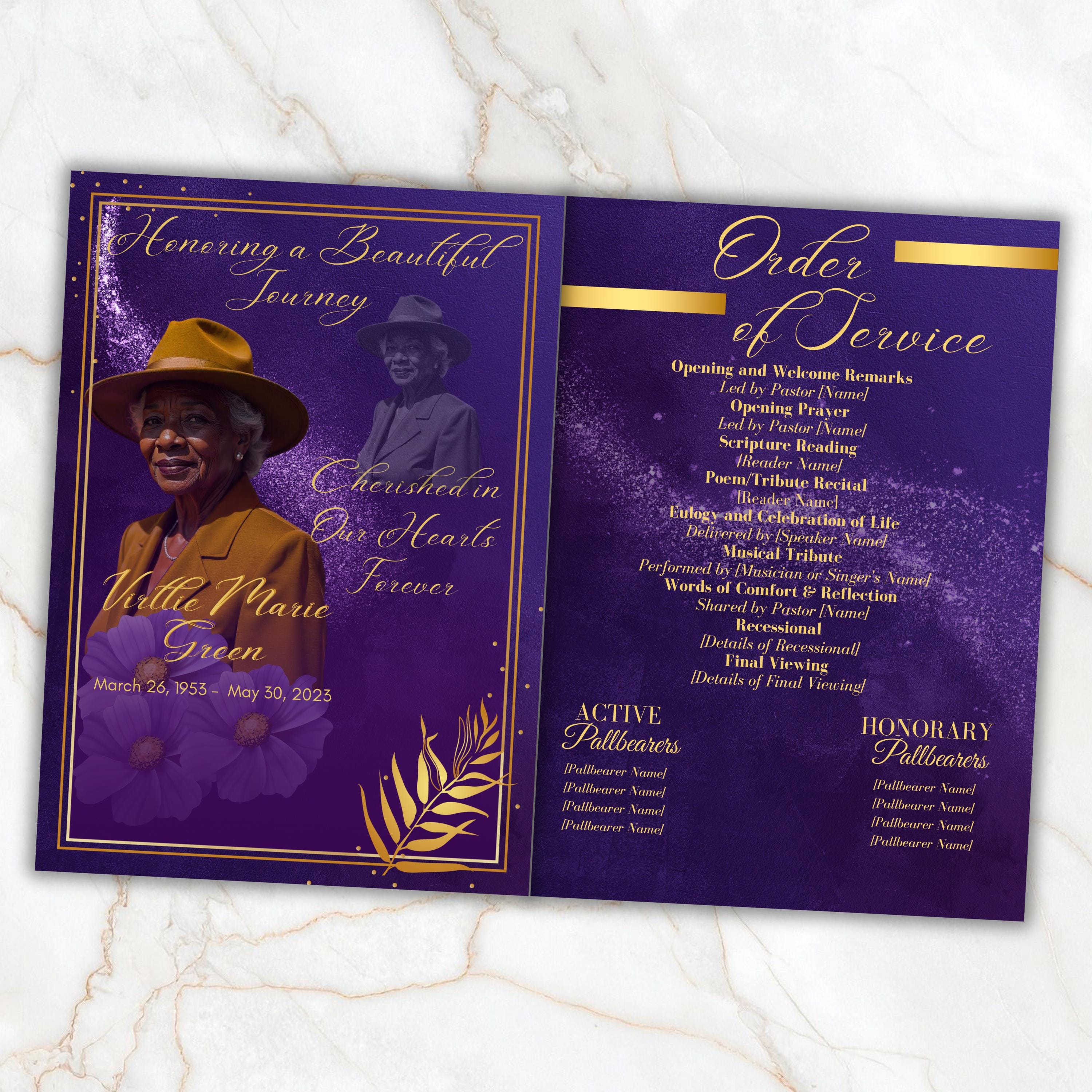 6 Pages Memorial Funeral Program Edtiable Template, In Loving Memory Purple Book Funeral Canva Template,Obituary Celebration Of Life Program - Editable Memorial Canva Template