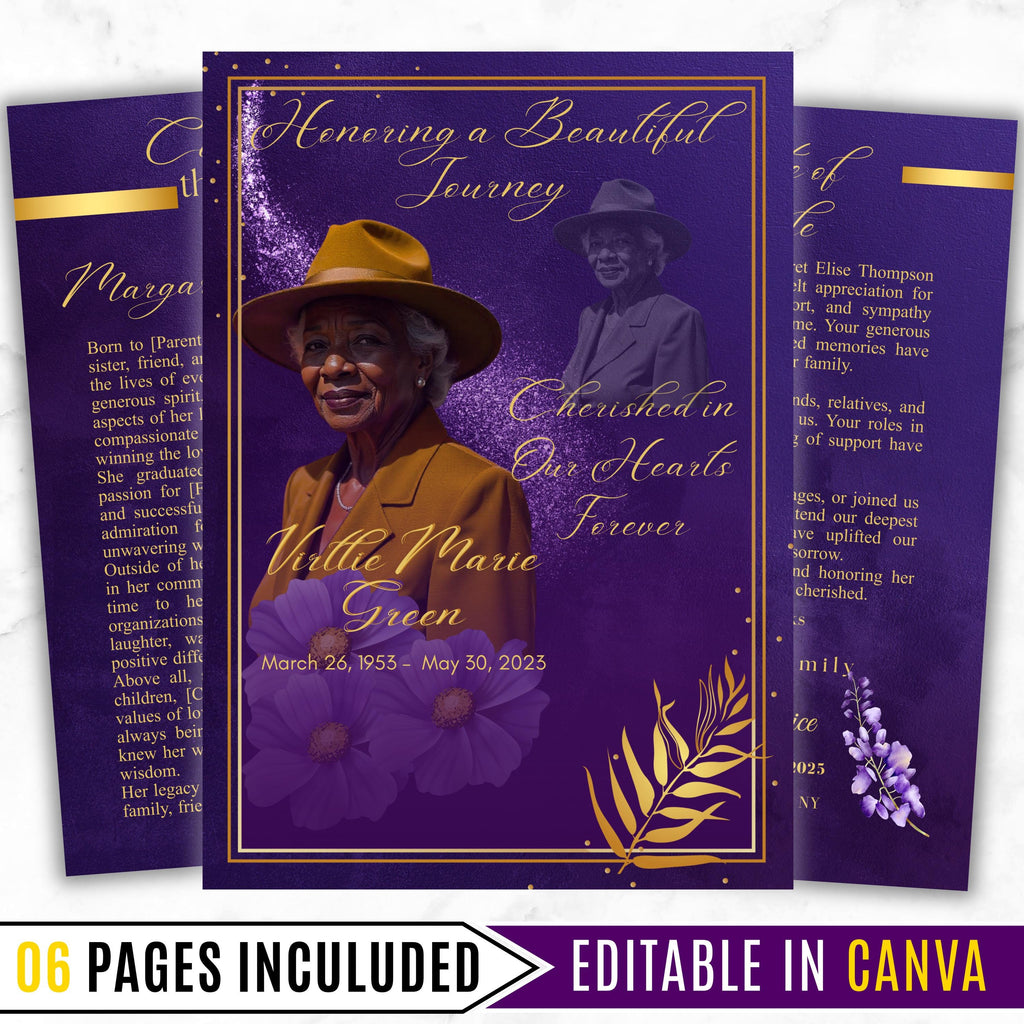 6 Pages Memorial Funeral Program Edtiable Template, In Loving Memory Purple Book Funeral Canva Template,Obituary Celebration Of Life Program - Editable Memorial Canva Template