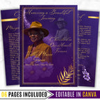6 Pages Memorial Funeral Program Edtiable Template, In Loving Memory Purple Book Funeral Canva Template,Obituary Celebration Of Life Program - Editable Memorial Canva Template