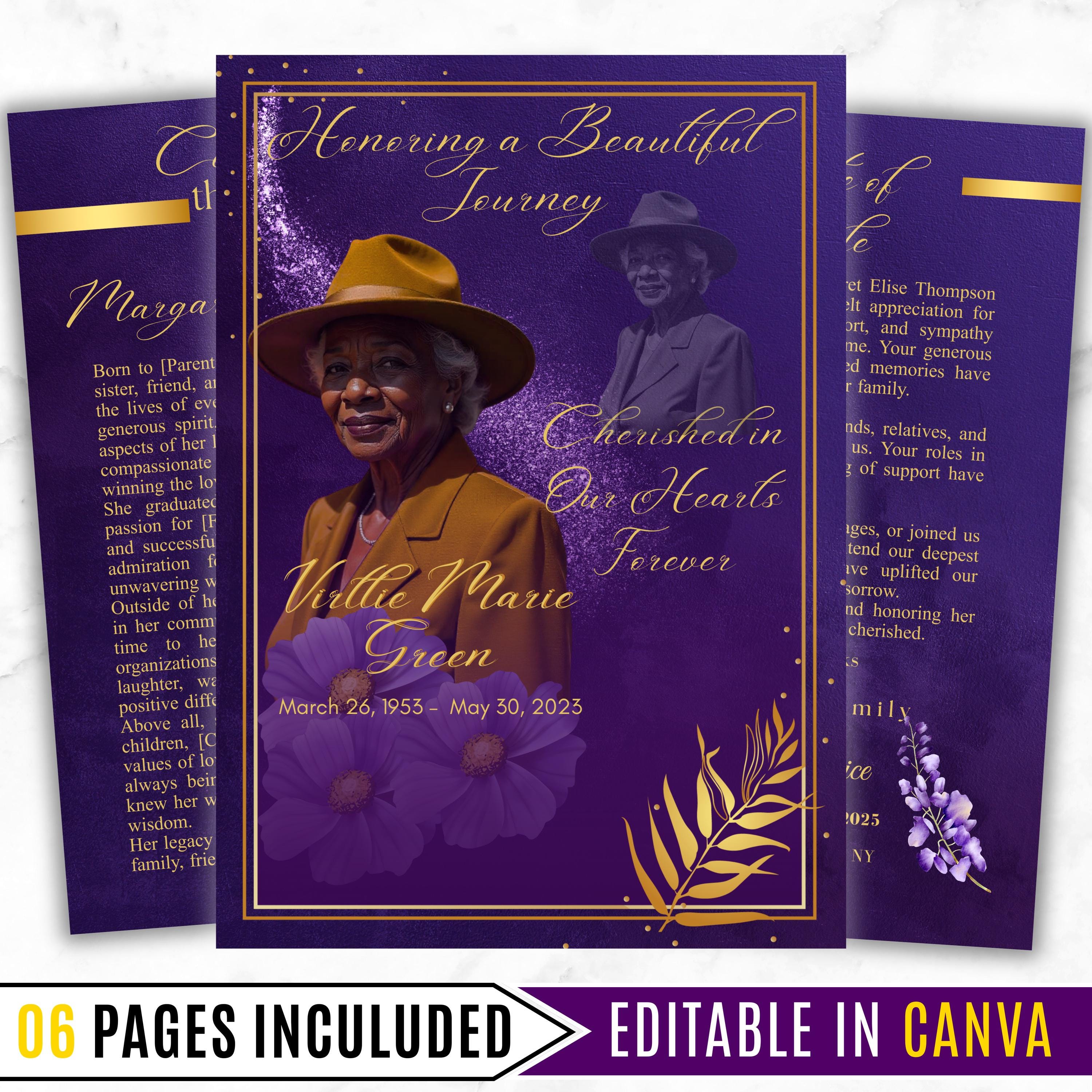 6 Pages Memorial Funeral Program Edtiable Template, In Loving Memory Purple Book Funeral Canva Template,Obituary Celebration Of Life Program - Editable Memorial Canva Template