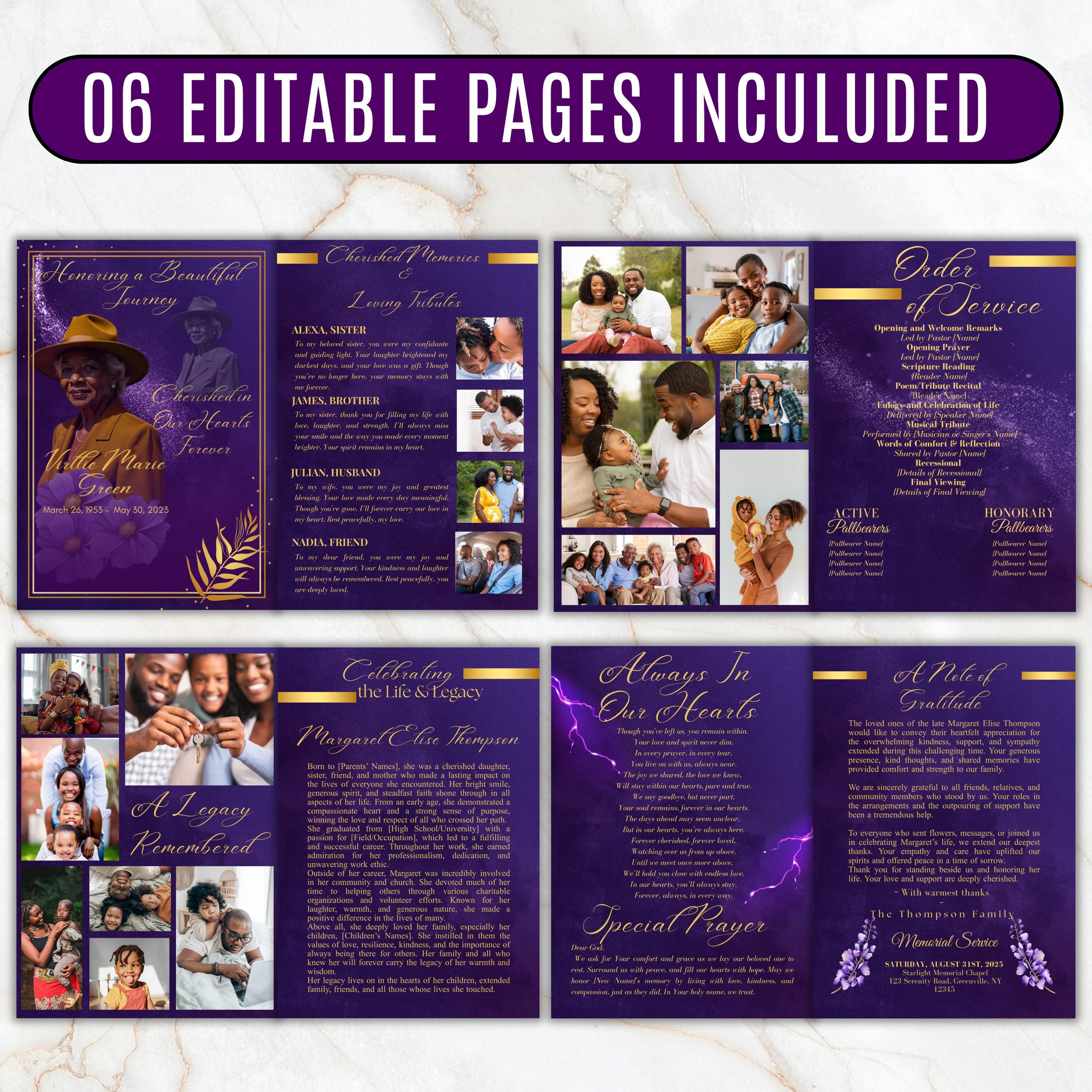 6 Pages Memorial Funeral Program Edtiable Template, In Loving Memory Purple Book Funeral Canva Template,Obituary Celebration Of Life Program - Editable Memorial Canva Template