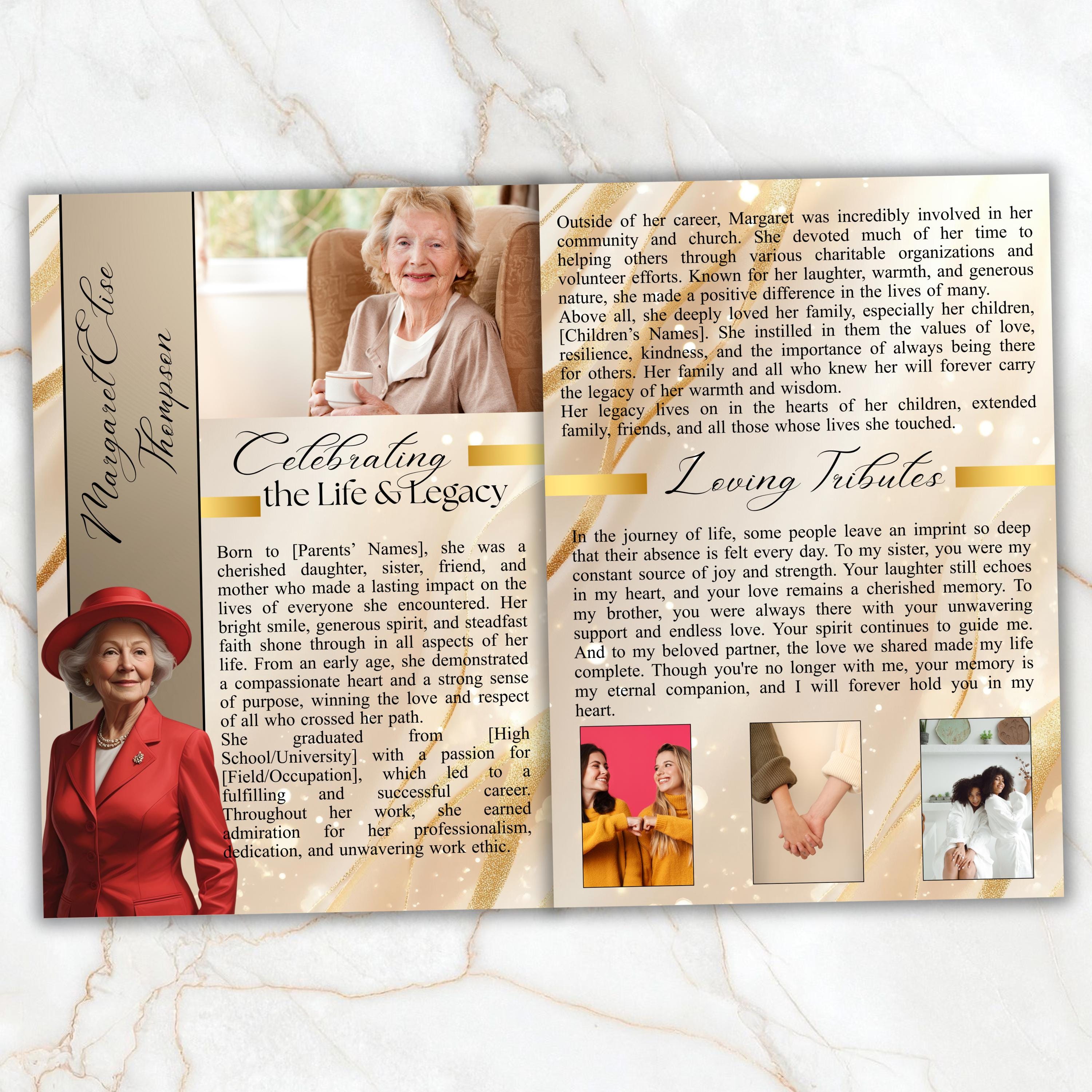 6 Pages Elegant Gold Funeral Program Template, Bi-Fold Funeral Program, Obituary Celebration Of Life Program, Digital Download - Editable Memorial Canva Template