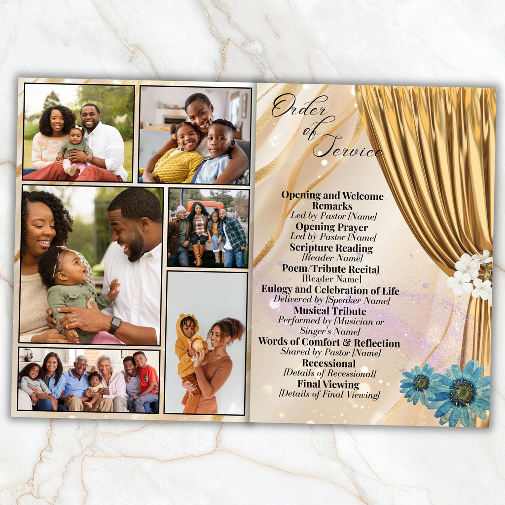 6 Pages Elegant Gold Funeral Program Template, Bi-Fold Funeral Program, Obituary Celebration Of Life Program, Digital Download - Editable Memorial Canva Template
