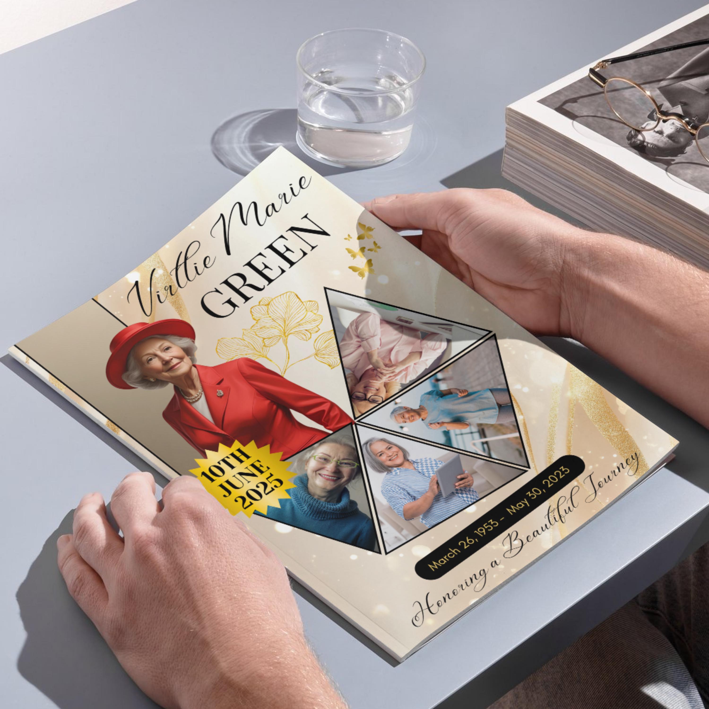 6 Pages Elegant Gold Funeral Program Template, Bi-Fold Funeral Program, Obituary Celebration Of Life Program, Digital Download - Editable Memorial Canva Template
