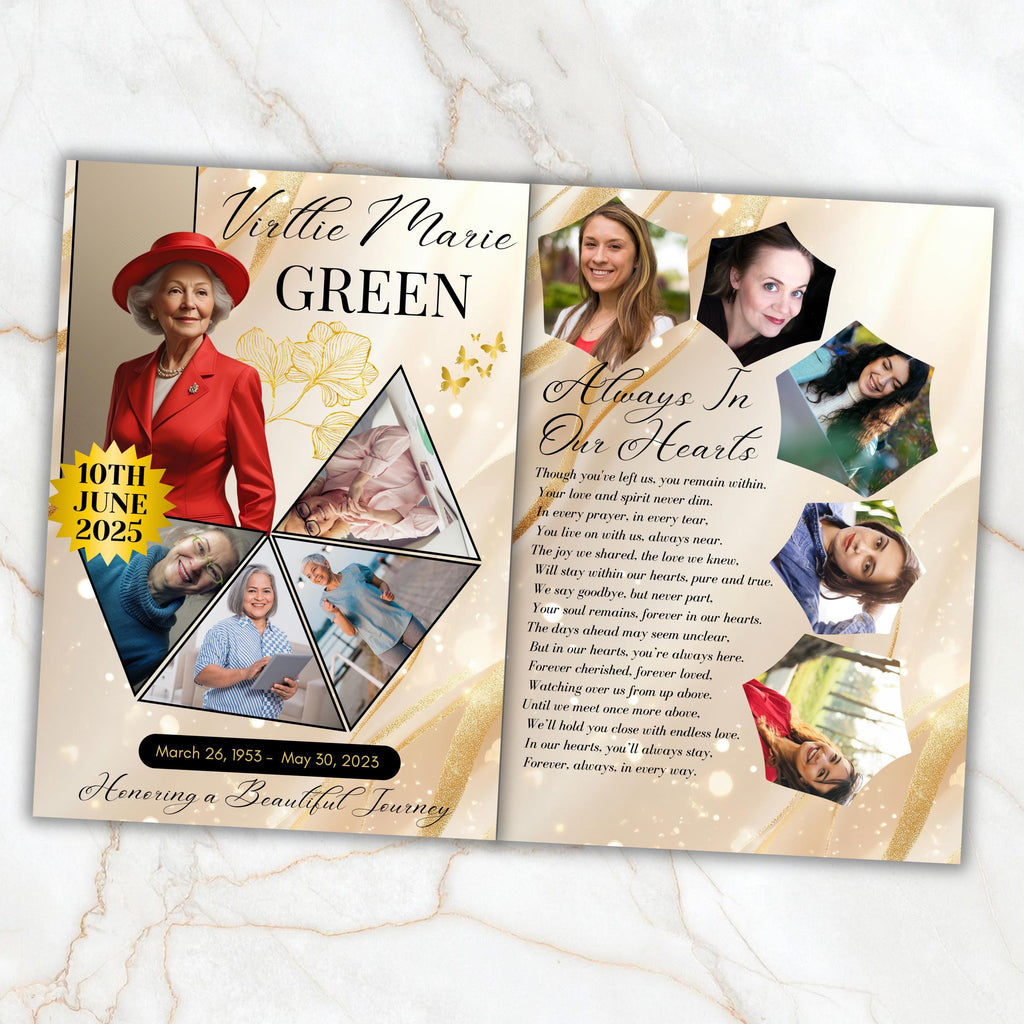 6 Pages Elegant Gold Funeral Program Template, Bi-Fold Funeral Program, Obituary Celebration Of Life Program, Digital Download - Editable Memorial Canva Template