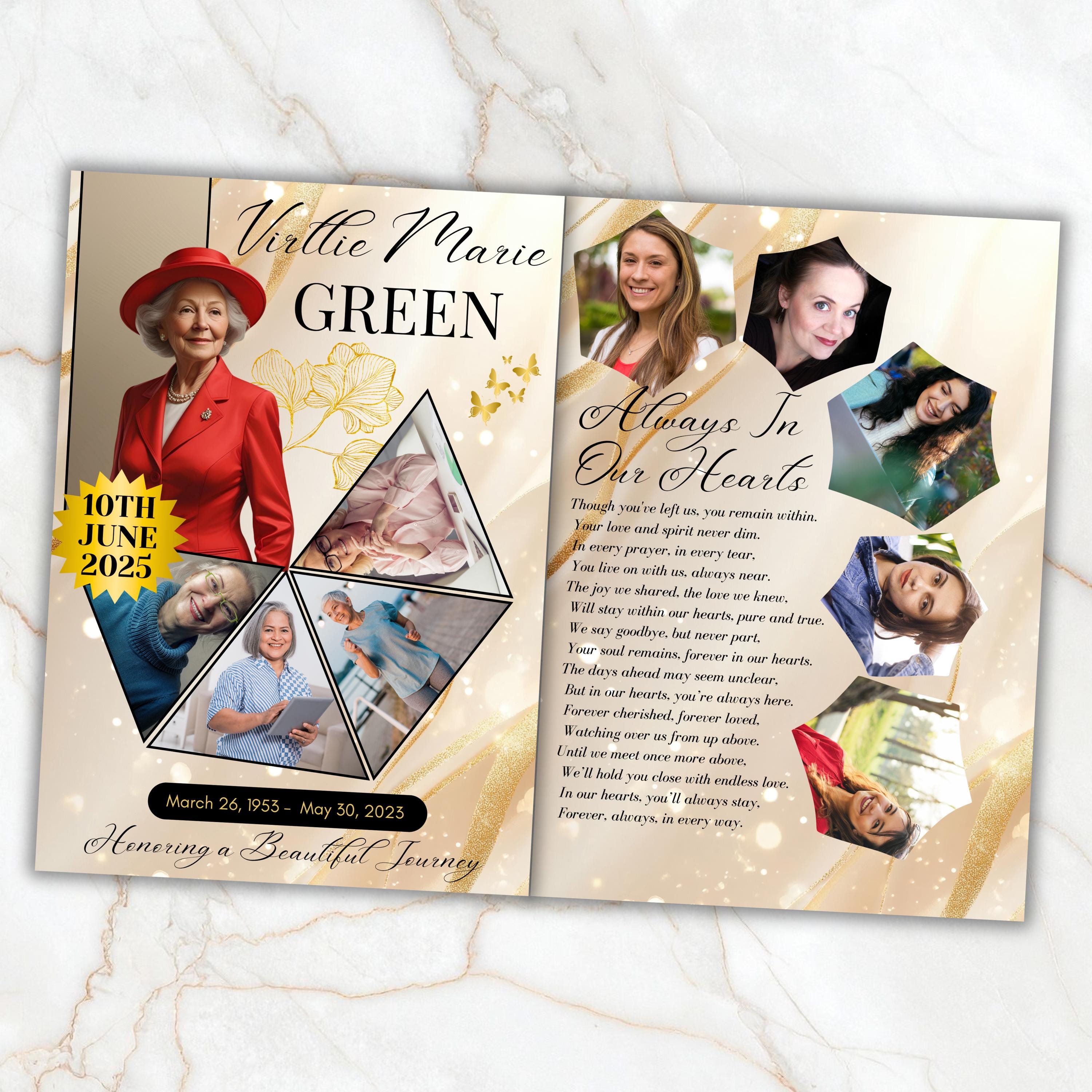 6 Pages Elegant Gold Funeral Program Template, Bi-Fold Funeral Program, Obituary Celebration Of Life Program, Digital Download - Editable Memorial Canva Template