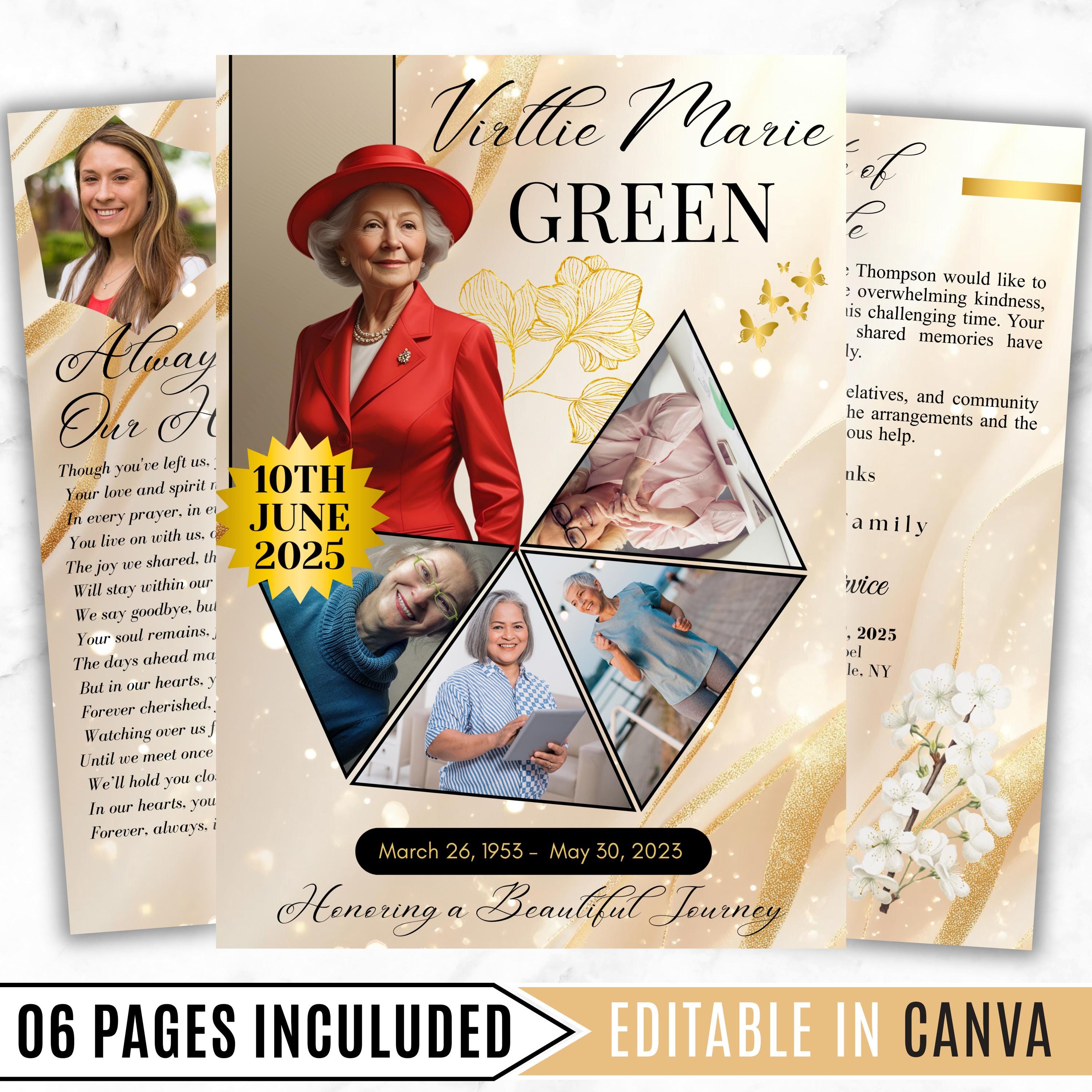 6 Pages Elegant Gold Funeral Program Template, Bi-Fold Funeral Program, Obituary Celebration Of Life Program, Digital Download - Editable Memorial Canva Template