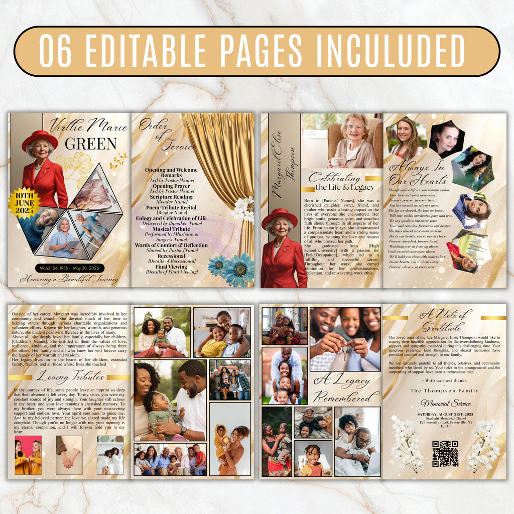 6 Pages Elegant Gold Funeral Program Template, Bi-Fold Funeral Program, Obituary Celebration Of Life Program, Digital Download - Editable Memorial Canva Template