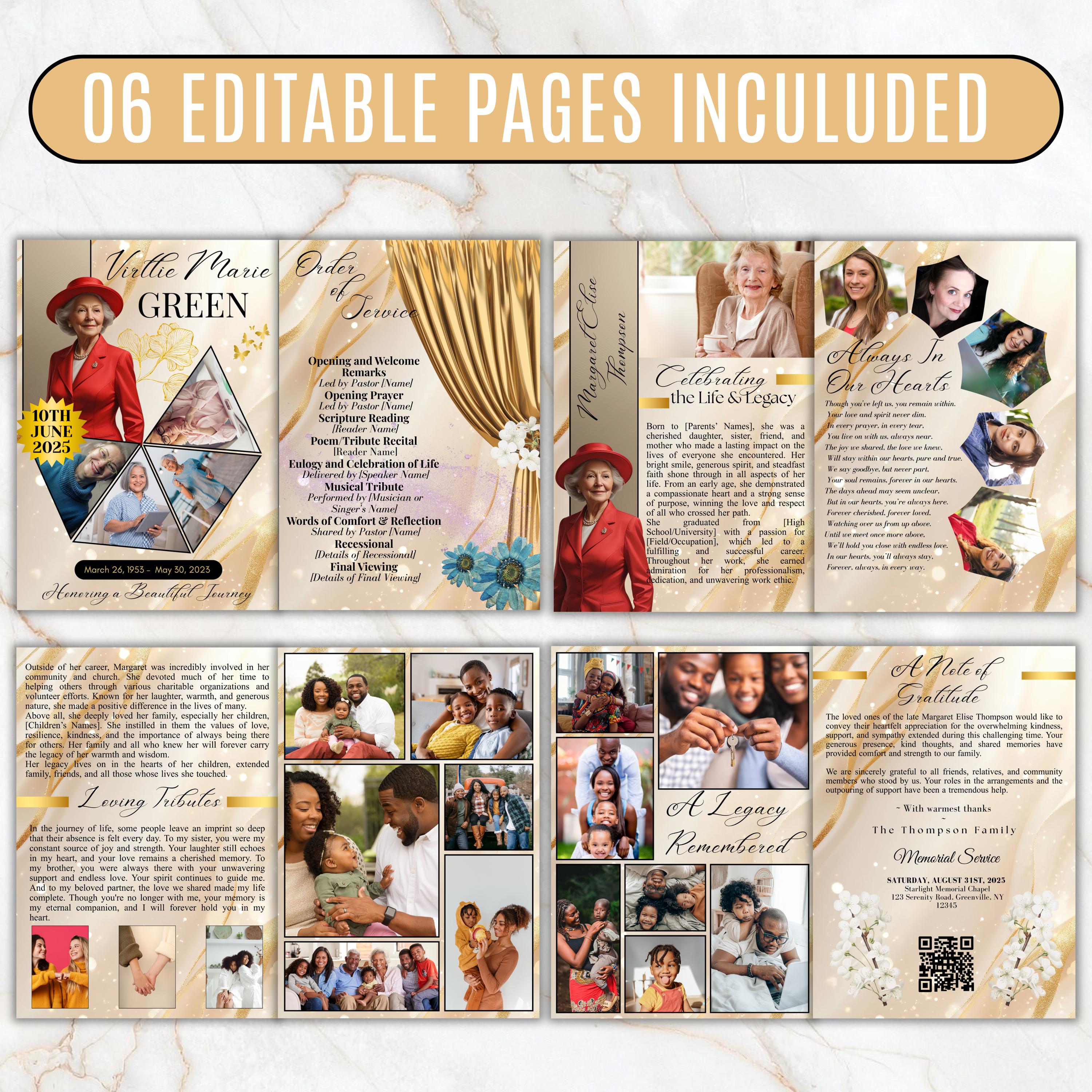6 Pages Elegant Gold Funeral Program Template, Bi-Fold Funeral Program, Obituary Celebration Of Life Program, Digital Download - Editable Memorial Canva Template
