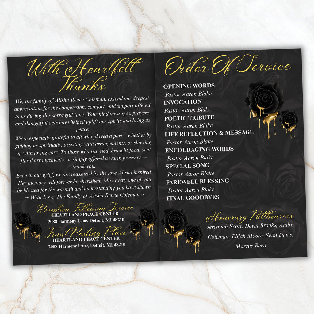 6 Pages Black and Gold Funeral Program Template, Bi-Fold Funeral Program, Obituary Celebration Of Life Program, Digital Download - Editable Memorial Canva Template