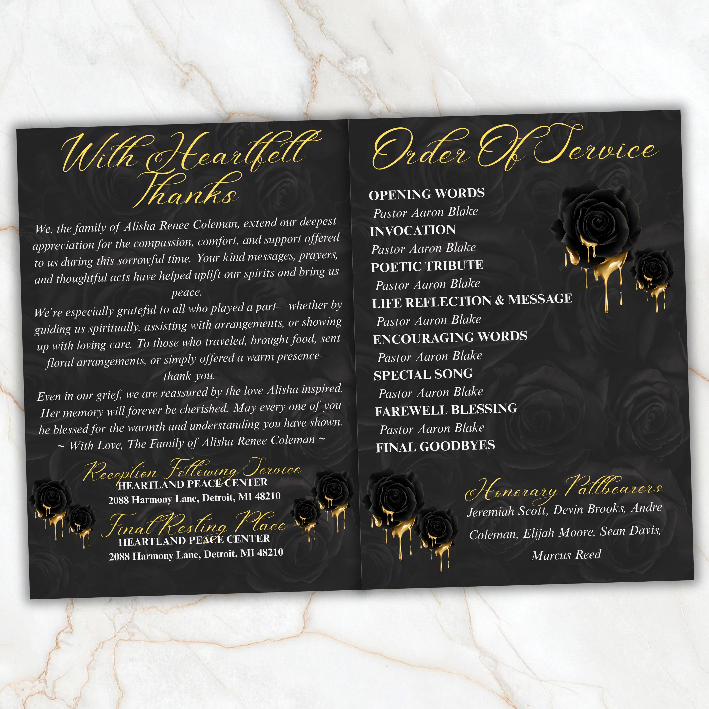 6 Pages Black and Gold Funeral Program Template, Bi-Fold Funeral Program, Obituary Celebration Of Life Program, Digital Download - Editable Memorial Canva Template