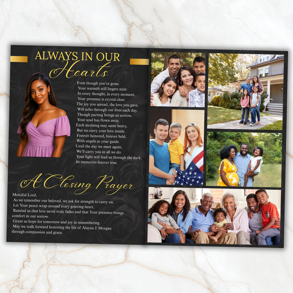 6 Pages Black and Gold Funeral Program Template, Bi-Fold Funeral Program, Obituary Celebration Of Life Program, Digital Download - Editable Memorial Canva Template