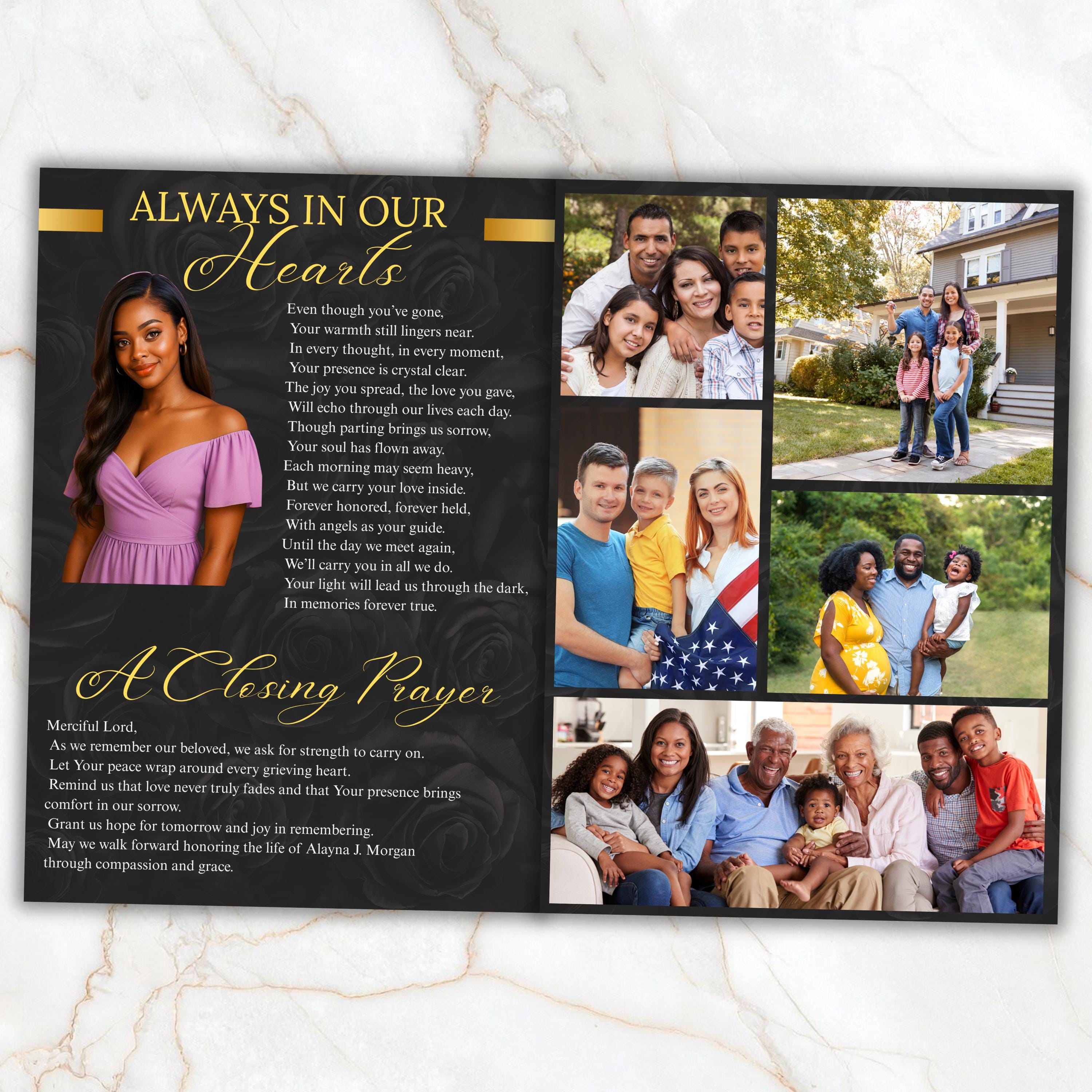 6 Pages Black and Gold Funeral Program Template, Bi-Fold Funeral Program, Obituary Celebration Of Life Program, Digital Download - Editable Memorial Canva Template