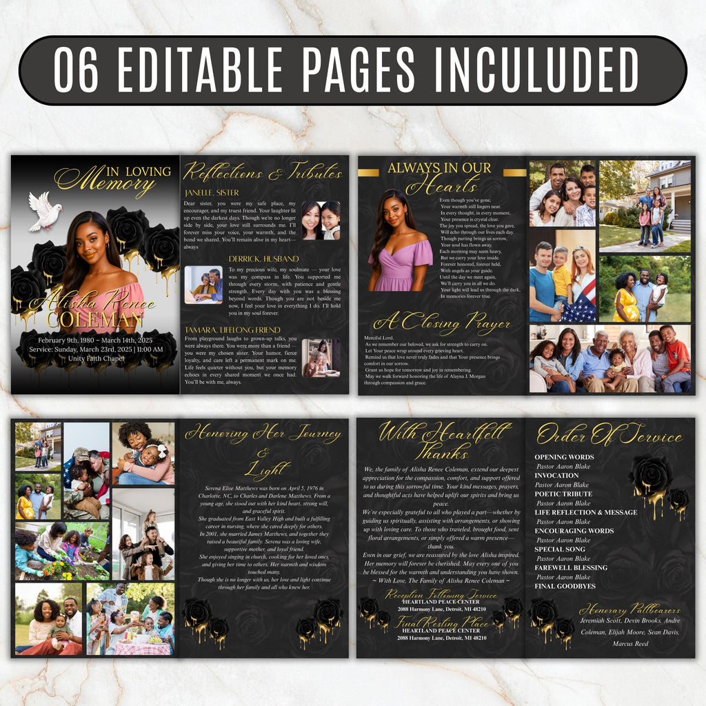 6 Pages Black and Gold Funeral Program Template, Bi-Fold Funeral Program, Obituary Celebration Of Life Program, Digital Download - Editable Memorial Canva Template