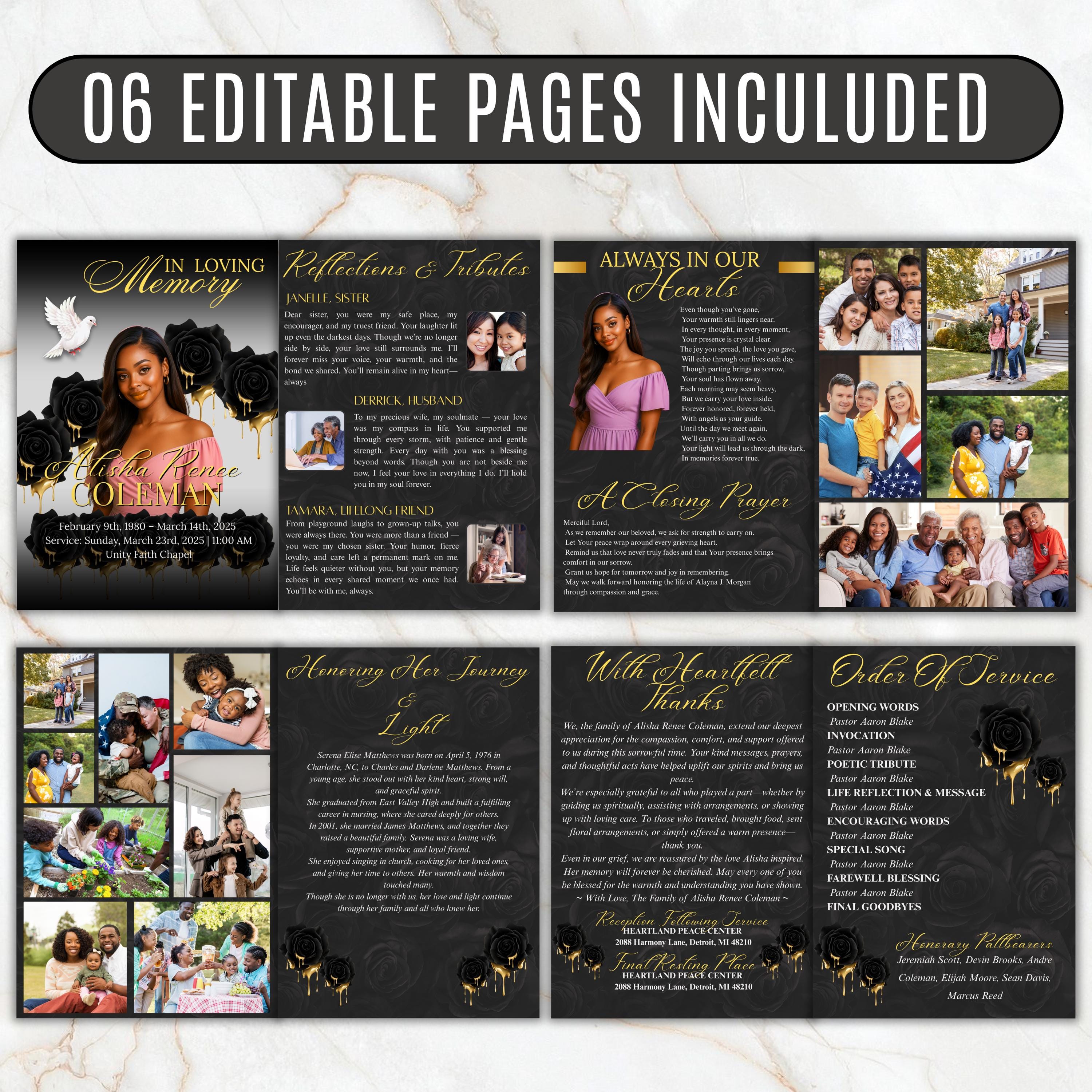 6 Pages Black and Gold Funeral Program Template, Bi-Fold Funeral Program, Obituary Celebration Of Life Program, Digital Download - Editable Memorial Canva Template