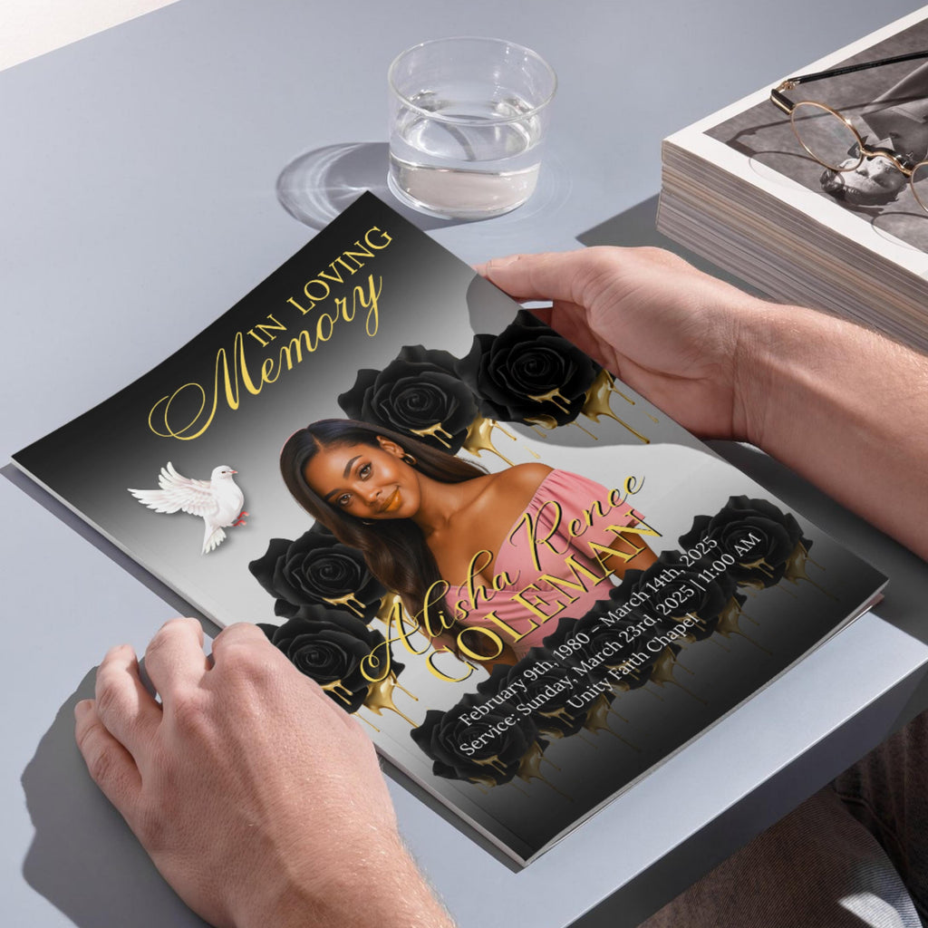 6 Pages Black and Gold Funeral Program Template, Bi-Fold Funeral Program, Obituary Celebration Of Life Program, Digital Download - Editable Memorial Canva Template