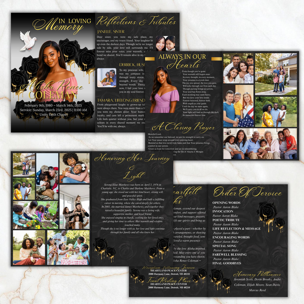 6 Pages Black and Gold Funeral Program Template, Bi-Fold Funeral Program, Obituary Celebration Of Life Program, Digital Download - Editable Memorial Canva Template