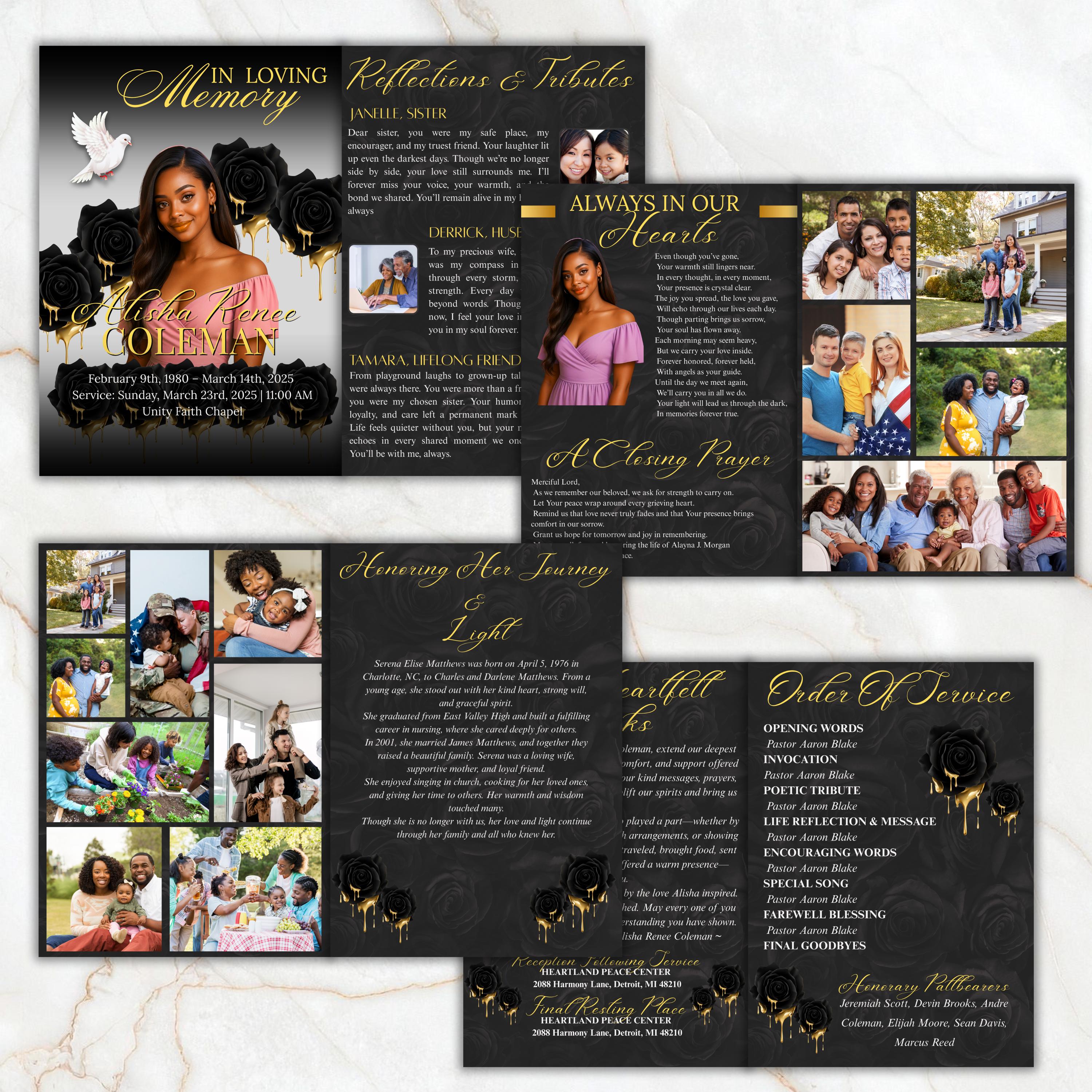 6 Pages Black and Gold Funeral Program Template, Bi-Fold Funeral Program, Obituary Celebration Of Life Program, Digital Download - Editable Memorial Canva Template