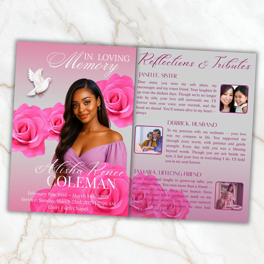 6 Pages Pink Rose Funeral Program Template, Bi-Fold Funeral Program, Obituary Celebration Of Life Program, Digital Download - Editable Memorial Canva Template