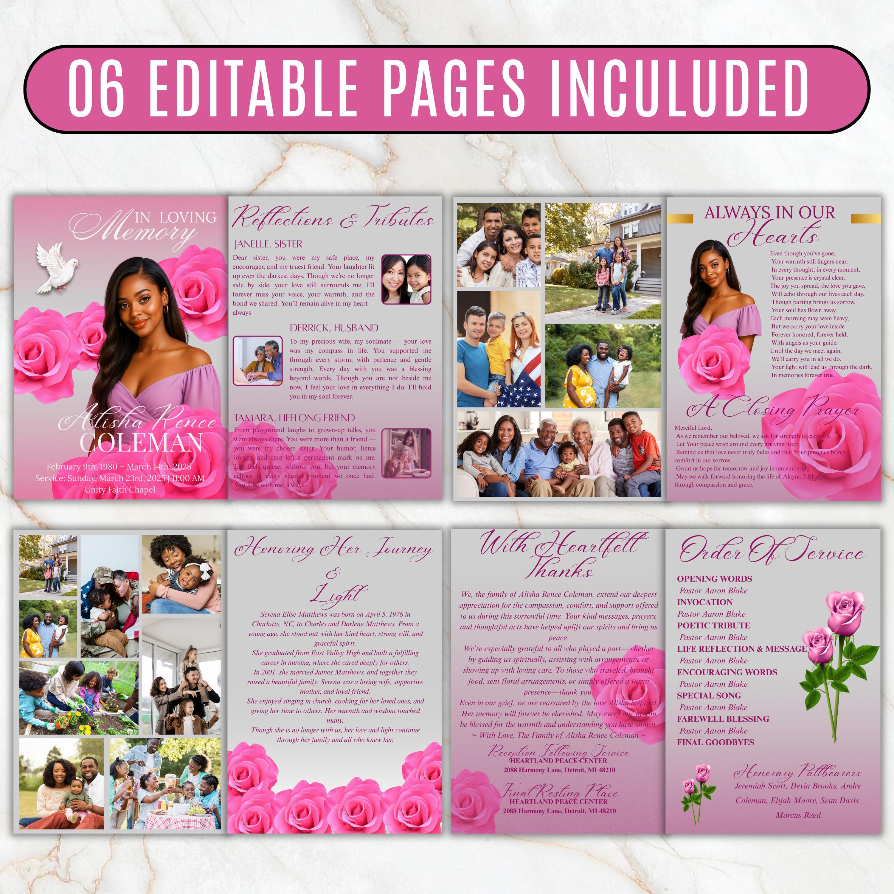 6 Pages Pink Rose Funeral Program Template, Bi-Fold Funeral Program, Obituary Celebration Of Life Program, Digital Download - Editable Memorial Canva Template