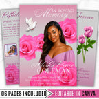 6 Pages Pink Rose Funeral Program Template, Bi-Fold Funeral Program, Obituary Celebration Of Life Program, Digital Download - Editable Memorial Canva Template