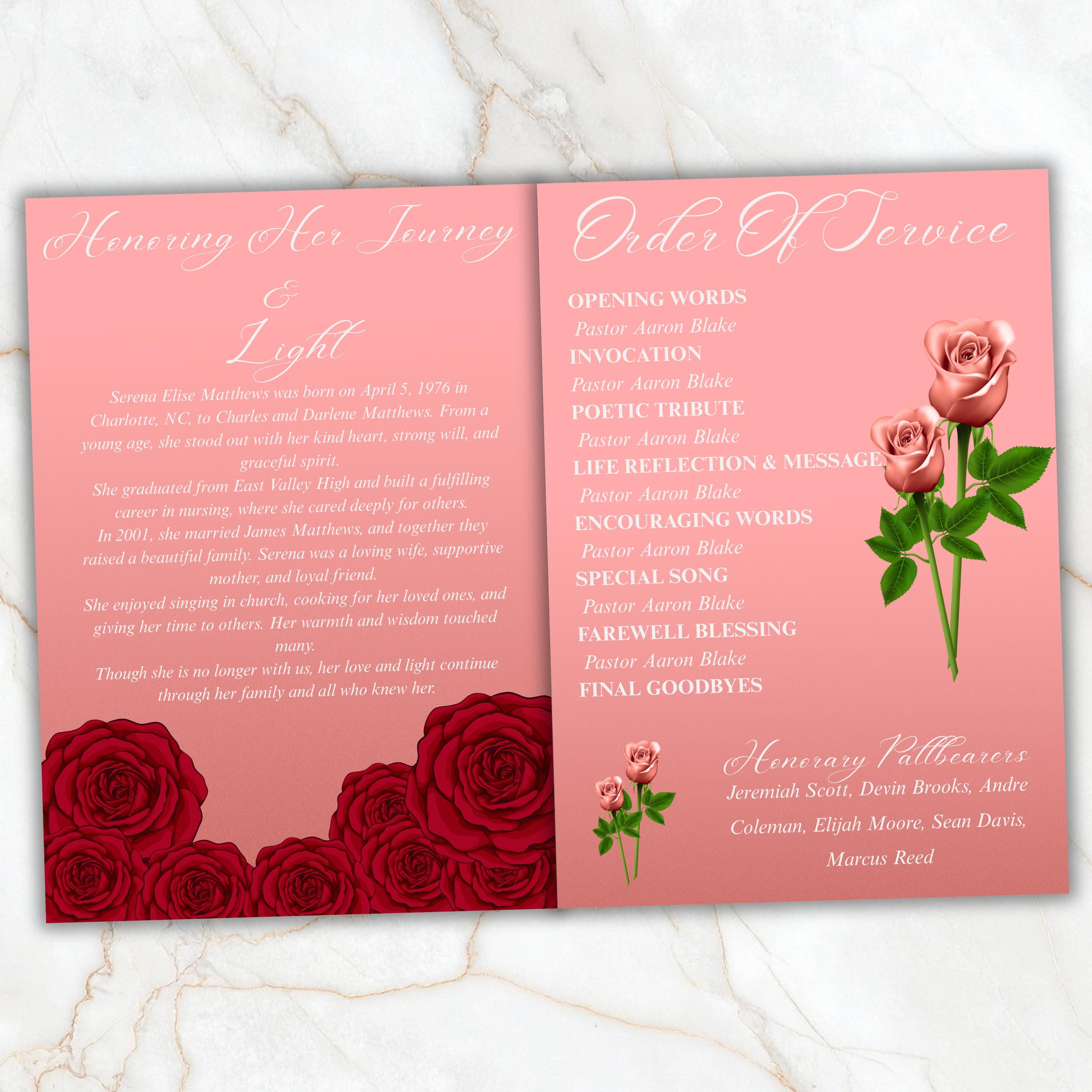 6 Pages Red Rose Funeral Program Template, Bi-Fold Funeral Program, Obituary Celebration Of Life Program, Digital Download - Editable Memorial Canva Template