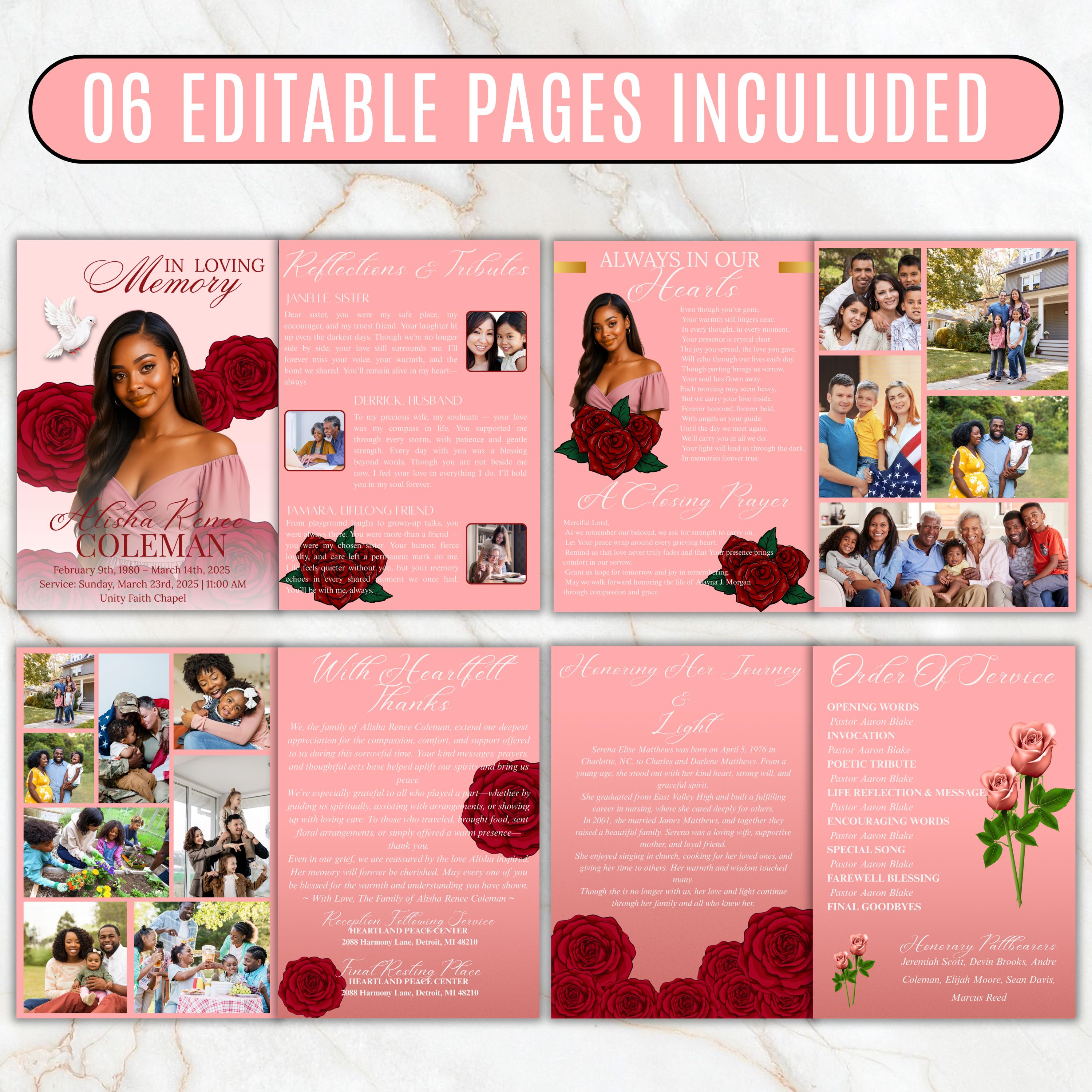 6 Pages Red Rose Funeral Program Template, Bi-Fold Funeral Program, Obituary Celebration Of Life Program, Digital Download - Editable Memorial Canva Template