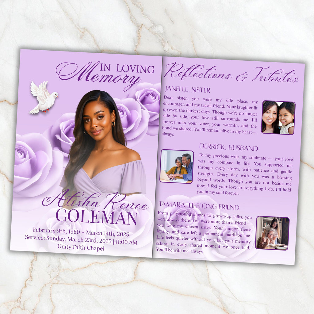 6 Pages Purple Funeral Program Template, Bi-Fold Funeral Program, Obituary Celebration Of Life Program, Digital Download - Editable Memorial Canva Template