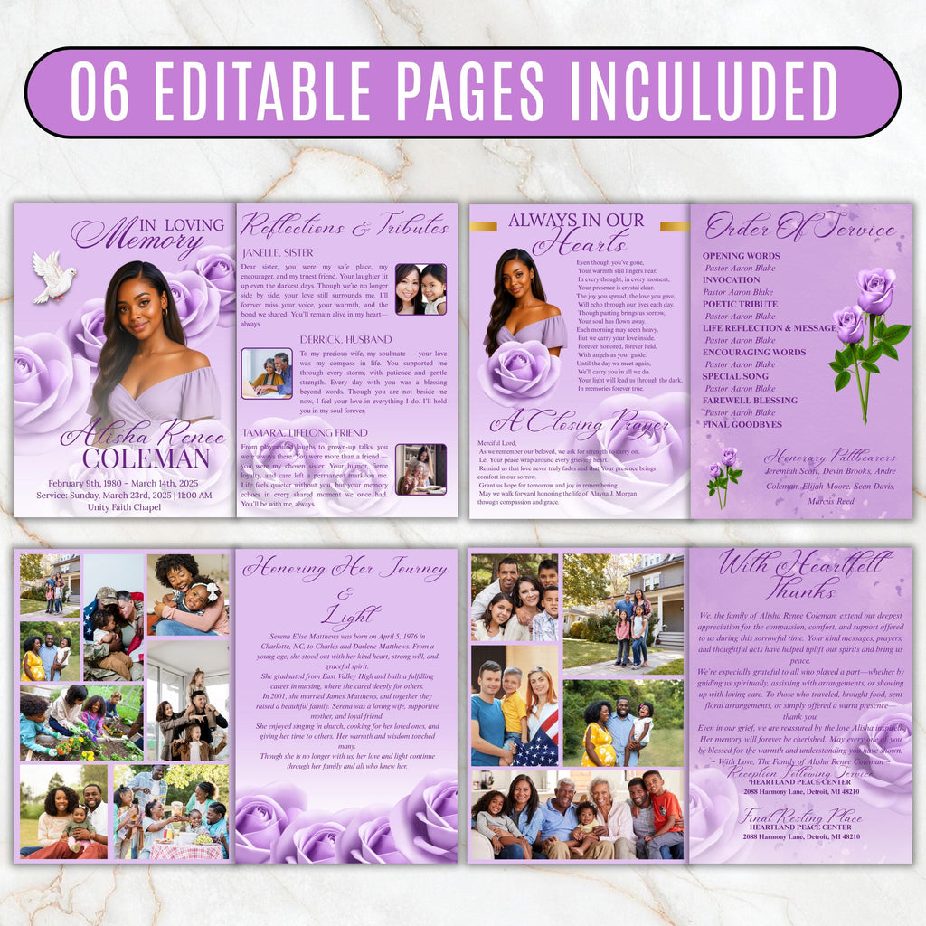 6 Pages Purple Funeral Program Template, Bi-Fold Funeral Program, Obituary Celebration Of Life Program, Digital Download - Editable Memorial Canva Template
