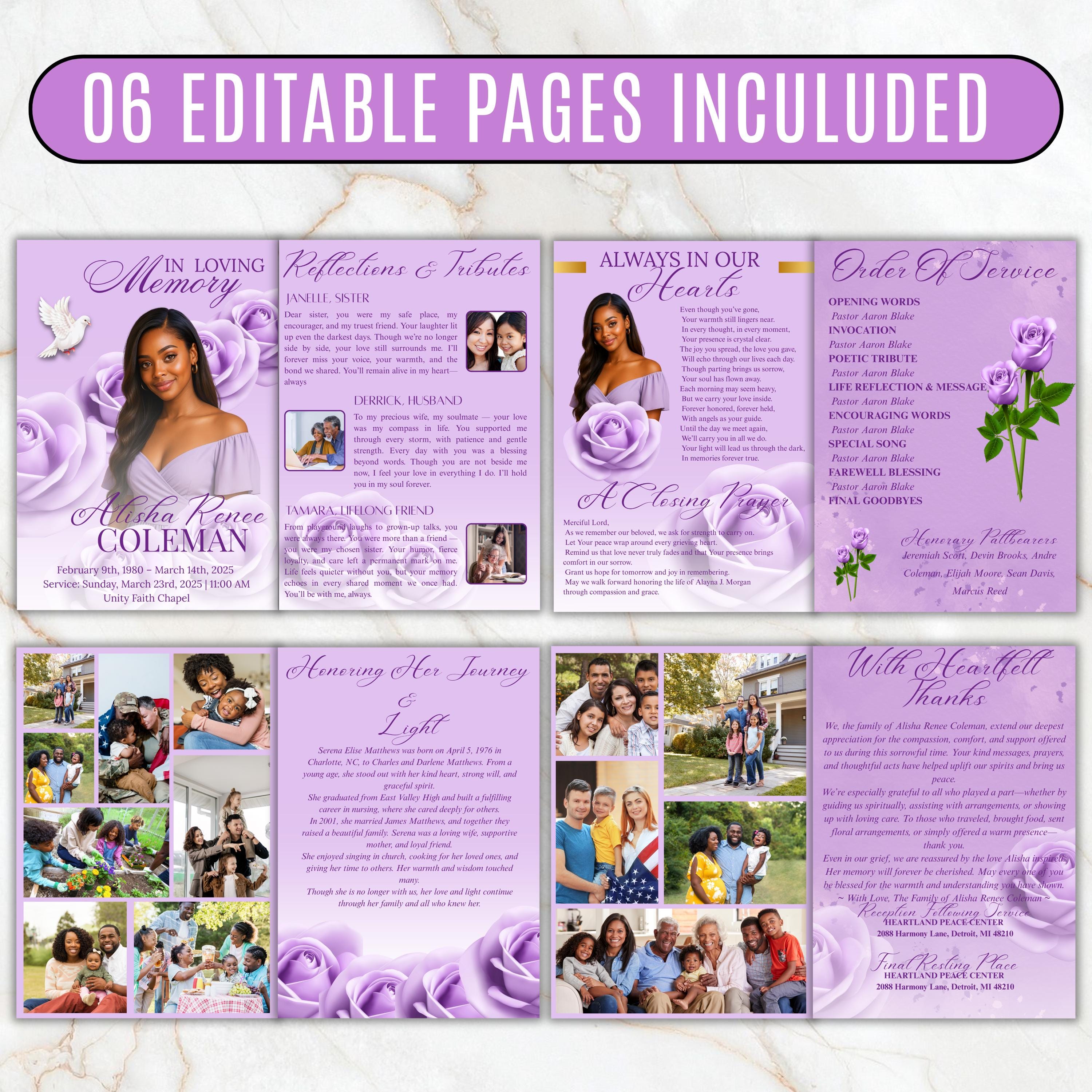 6 Pages Purple Funeral Program Template, Bi-Fold Funeral Program, Obituary Celebration Of Life Program, Digital Download - Editable Memorial Canva Template