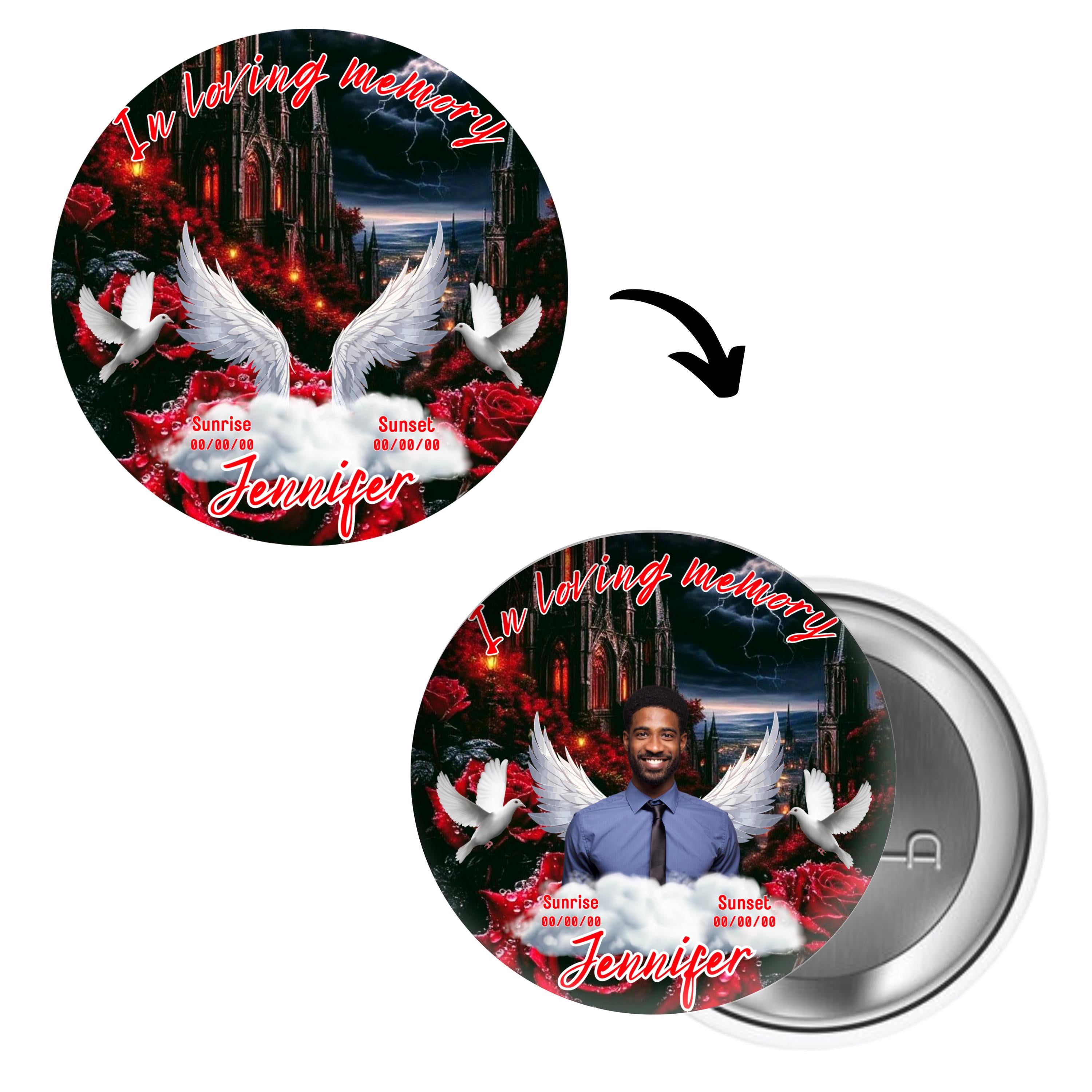 10 In Loving Memory Red Pin Button Canva Editable Templates Bundle, In Loving Memory, Memorial Red Pin Button Template, Funeral Button Favor - Editable Memorial Canva Template