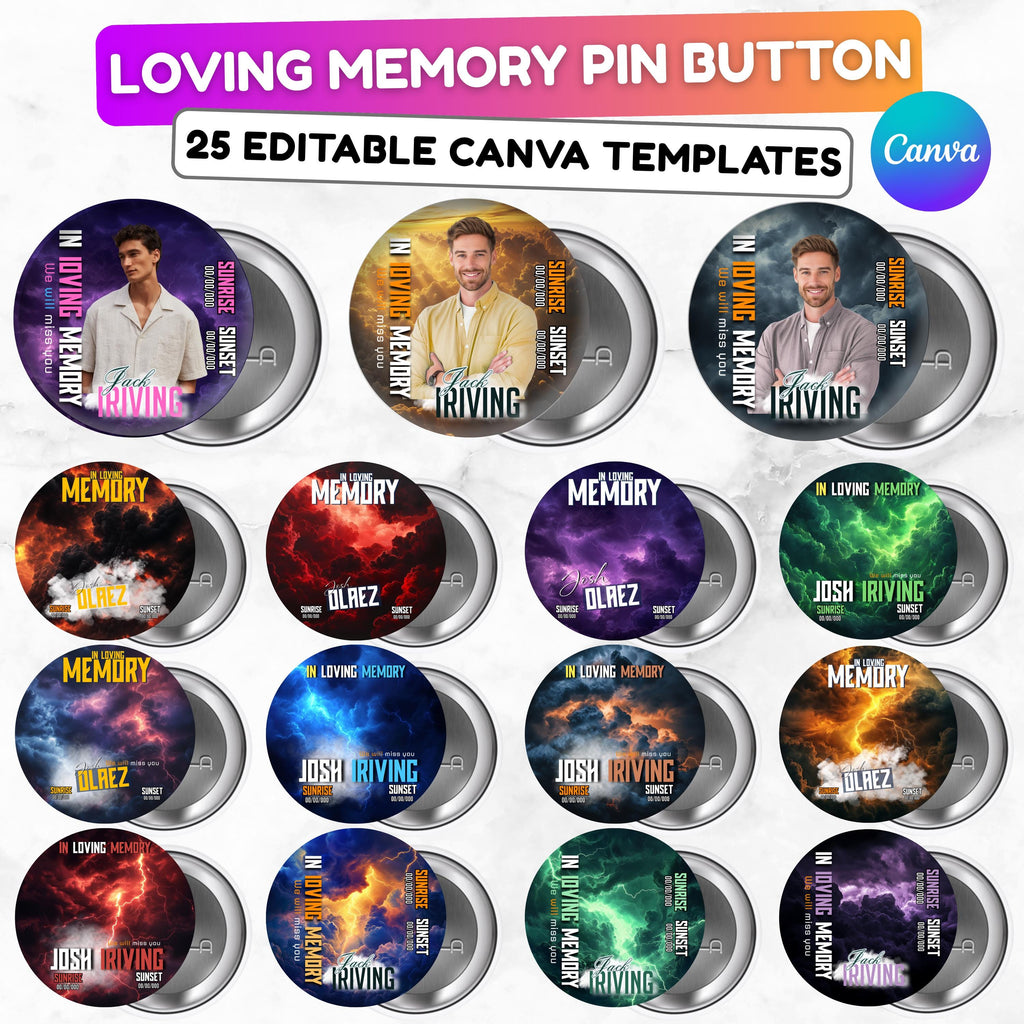 25 In Loving Memory Pin Button Canva Editable Templates, Memorial Pin Button Canva Designs, Funeral Button Favors, Digital Download - Editable Memorial Canva Template