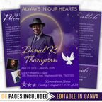 08 Pages Purple Funeral Program Template, Bi-Fold Funeral Program, Obituary Celebration Of Life Program, Digital Download - Editable Memorial Canva Template