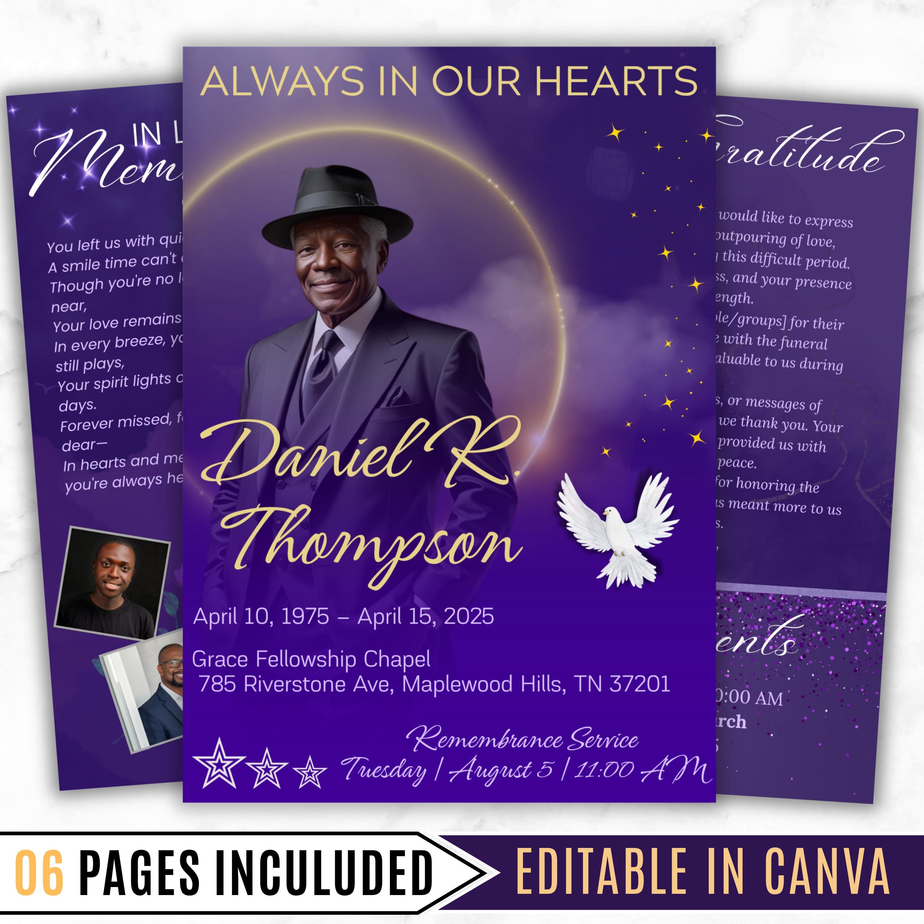 08 Pages Purple Funeral Program Template, Bi-Fold Funeral Program, Obituary Celebration Of Life Program, Digital Download - Editable Memorial Canva Template