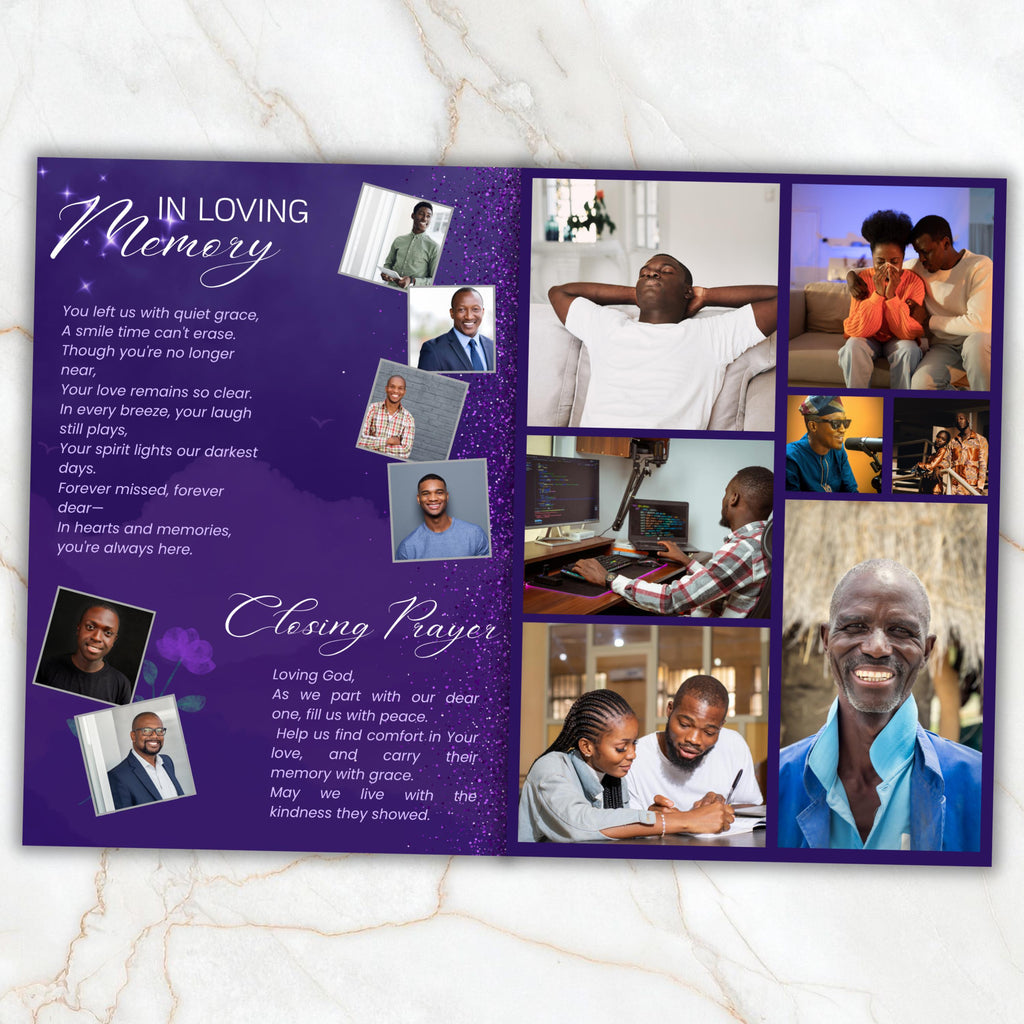 08 Pages Purple Funeral Program Template, Bi-Fold Funeral Program, Obituary Celebration Of Life Program, Digital Download - Editable Memorial Canva Template