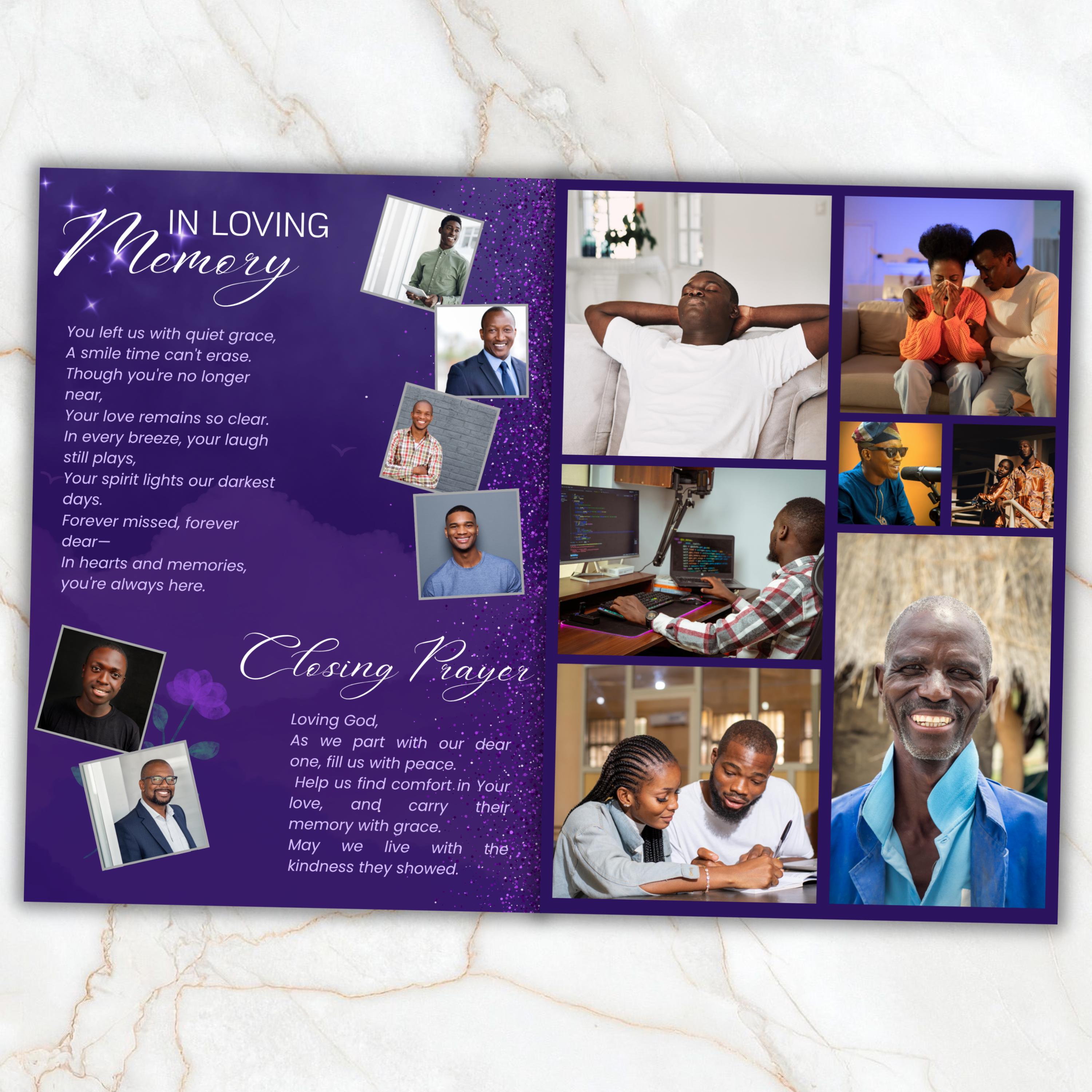 08 Pages Purple Funeral Program Template, Bi-Fold Funeral Program, Obituary Celebration Of Life Program, Digital Download - Editable Memorial Canva Template