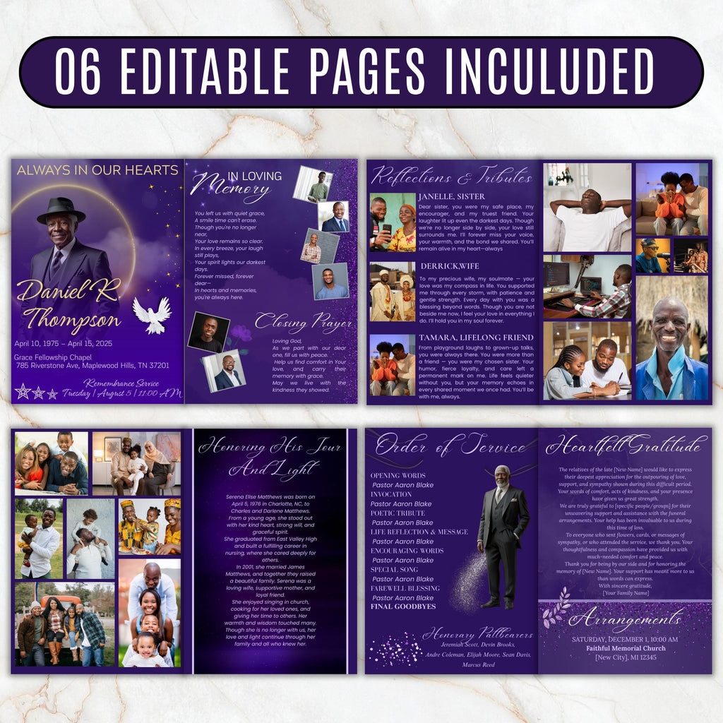 08 Pages Purple Funeral Program Template, Bi-Fold Funeral Program, Obituary Celebration Of Life Program, Digital Download - Editable Memorial Canva Template