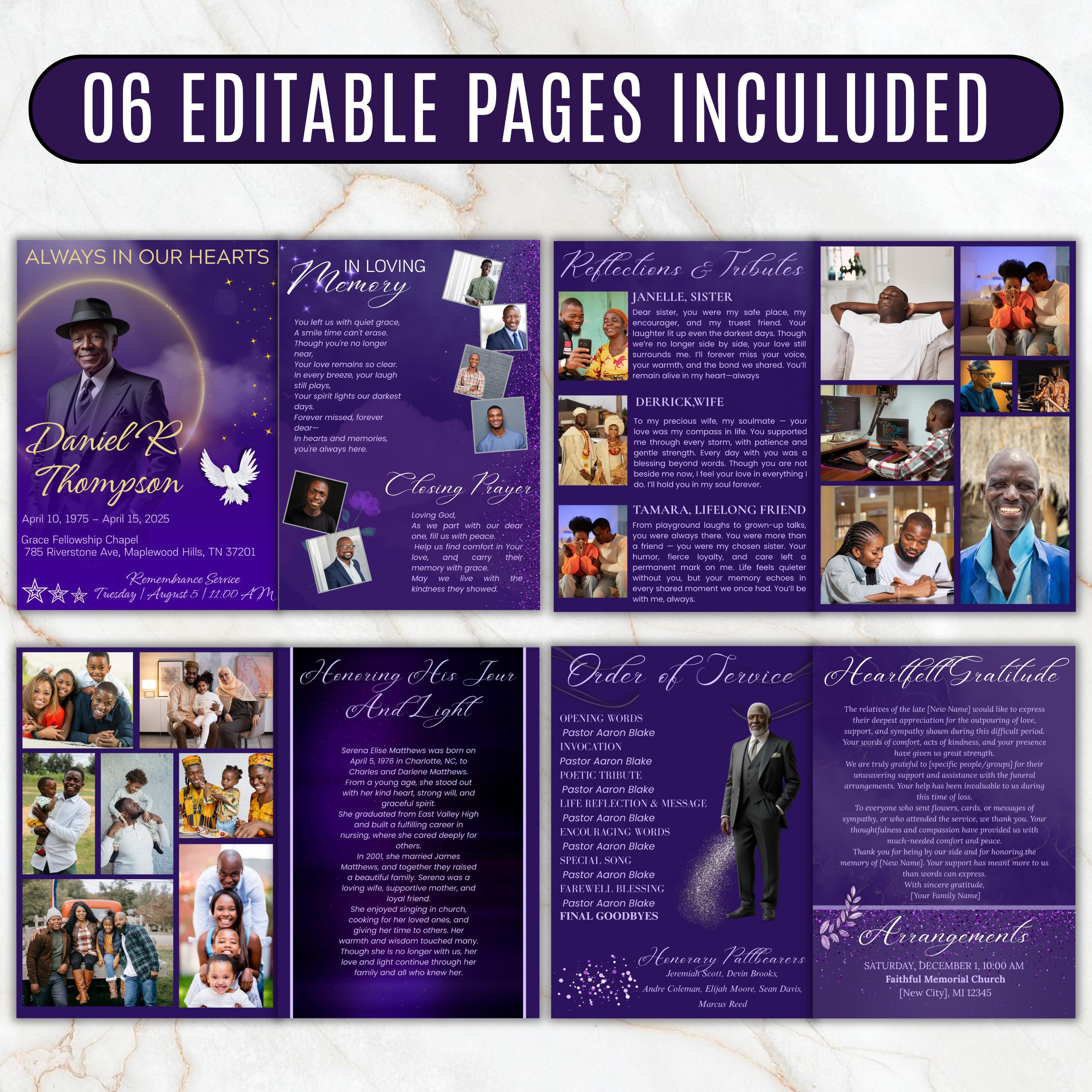 08 Pages Purple Funeral Program Template, Bi-Fold Funeral Program, Obituary Celebration Of Life Program, Digital Download - Editable Memorial Canva Template