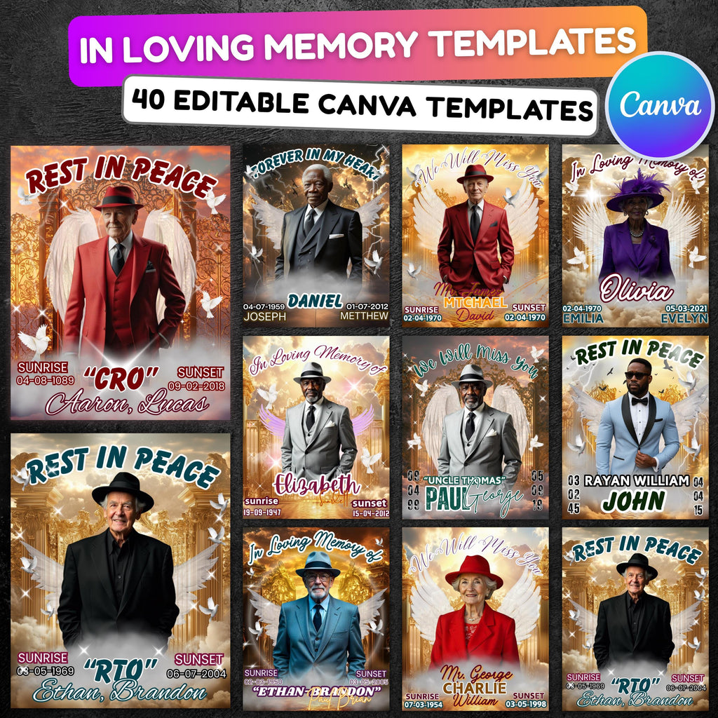 40 In Loving Memory Canva Editable Templates, Memorial Canva Editable Templates, Rest In Peace, Forever In Our Heart Canva Templates - Editable Memorial Canva Template