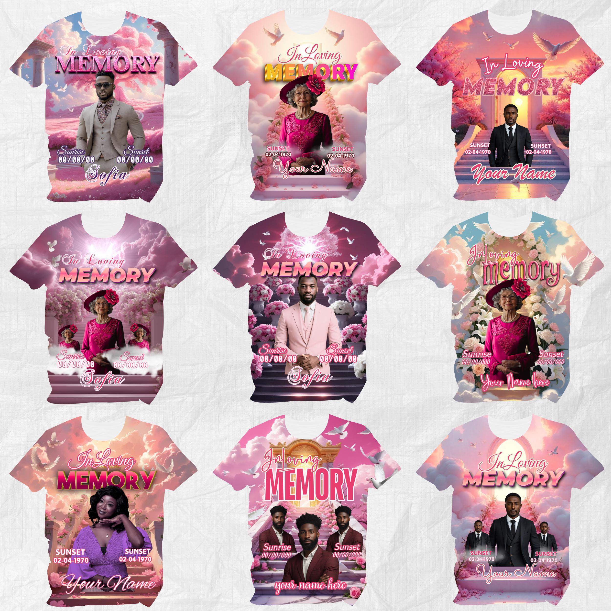 20 In Loving Memory Pink Canva Editable All Over T Shirt Templates, In Loving Memory Template, Rest in Peace, Memorial Editable Shirt Design - Editable Memorial Canva Template