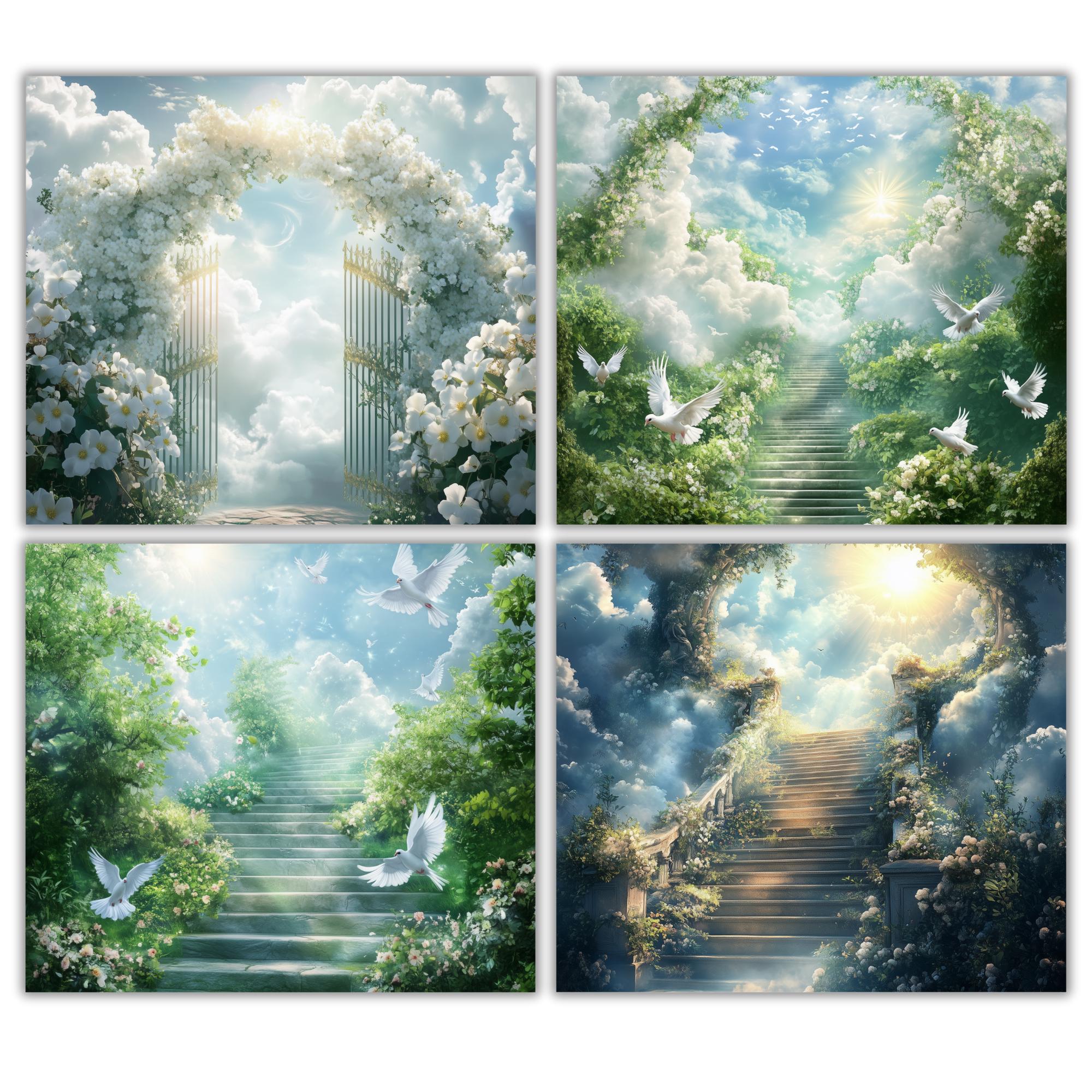 19 Memorial Heaven Backgrounds Png Bundle, Memorial Backgrounds, In Loving Memory Backgrounds, Heaven Stair Steps & Gate, Rest In Peace - Editable Memorial Canva Template