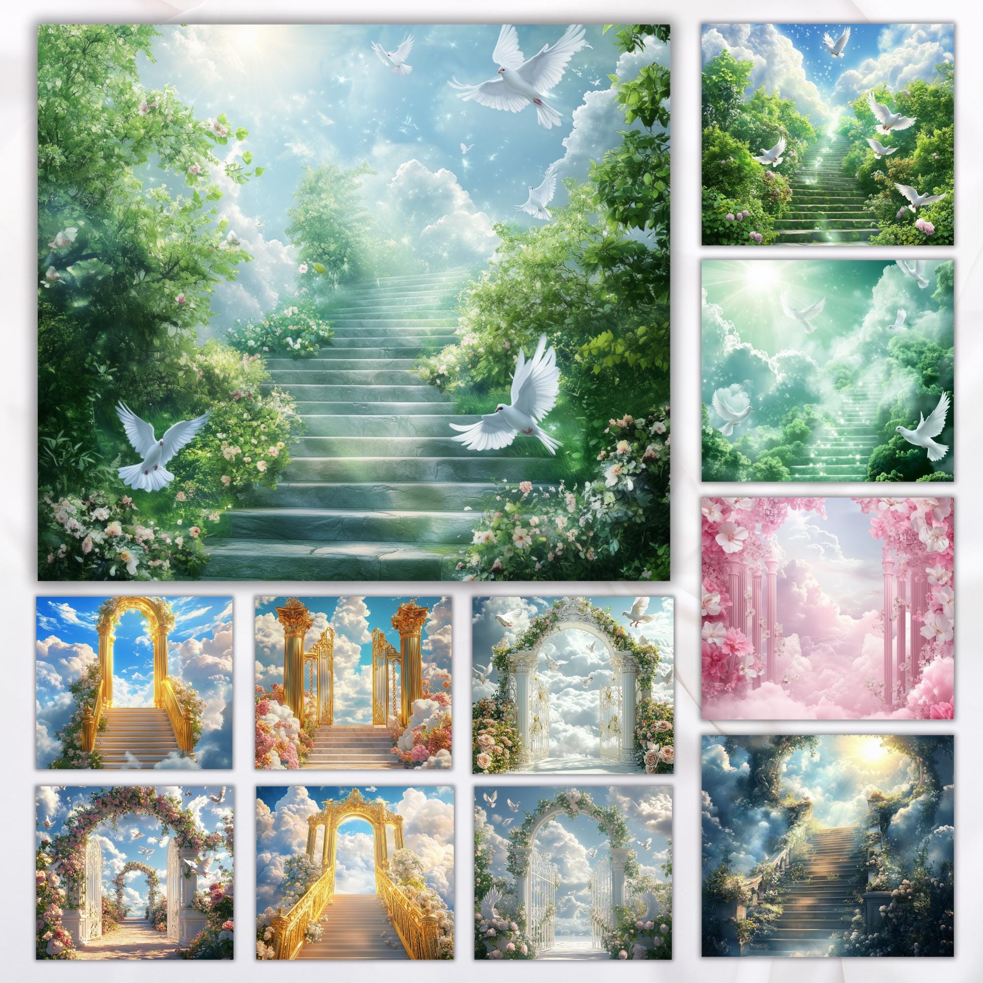 19 Memorial Heaven Backgrounds Png Bundle, Memorial Backgrounds, In Loving Memory Backgrounds, Heaven Stair Steps & Gate, Rest In Peace - Editable Memorial Canva Template