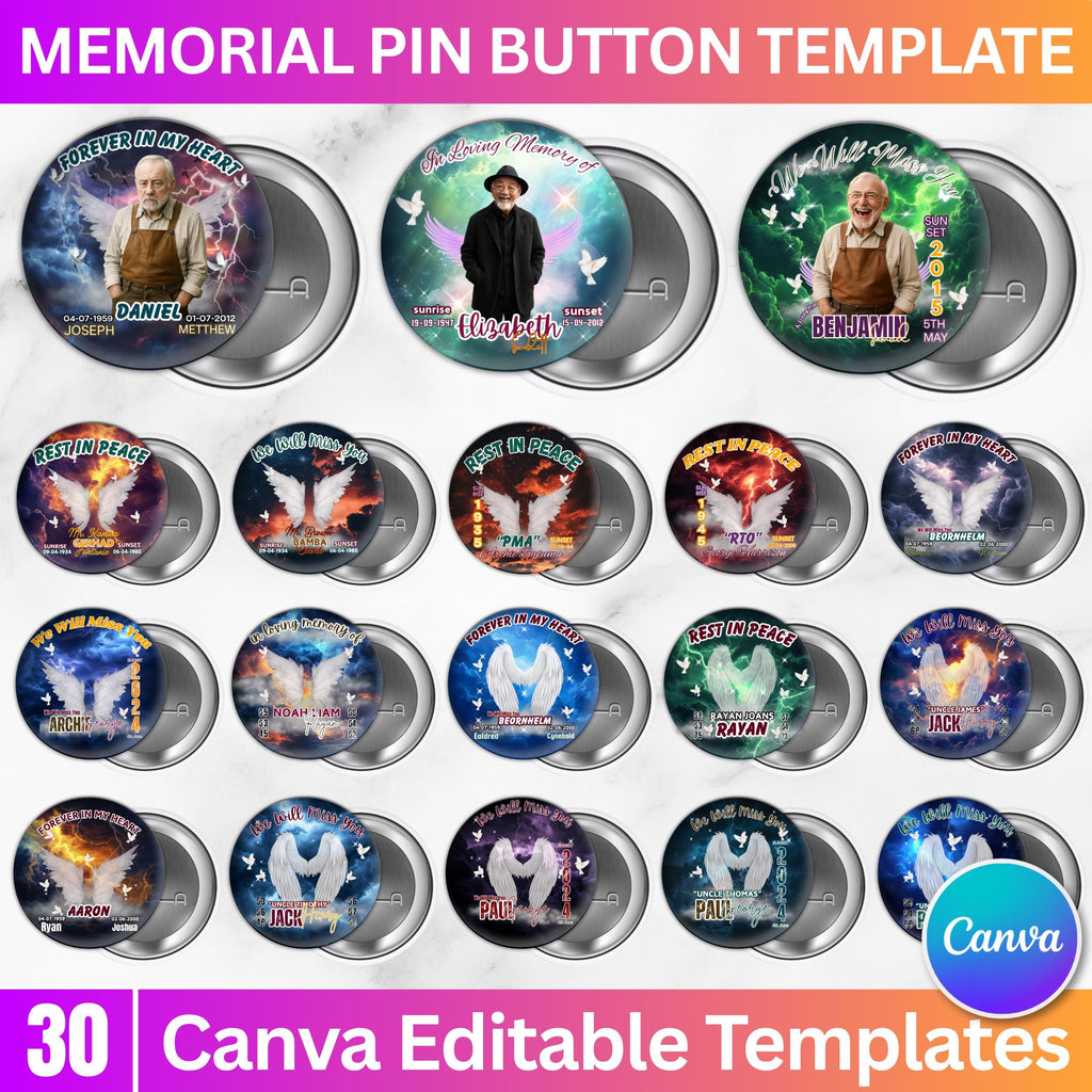 30 Foreever In Our Heart Canva Editable Templates, In Loving Memory Pin Button, Memorial Pin Button Canva Template, Rest in Peace Pin Button - Editable Memorial Canva Template