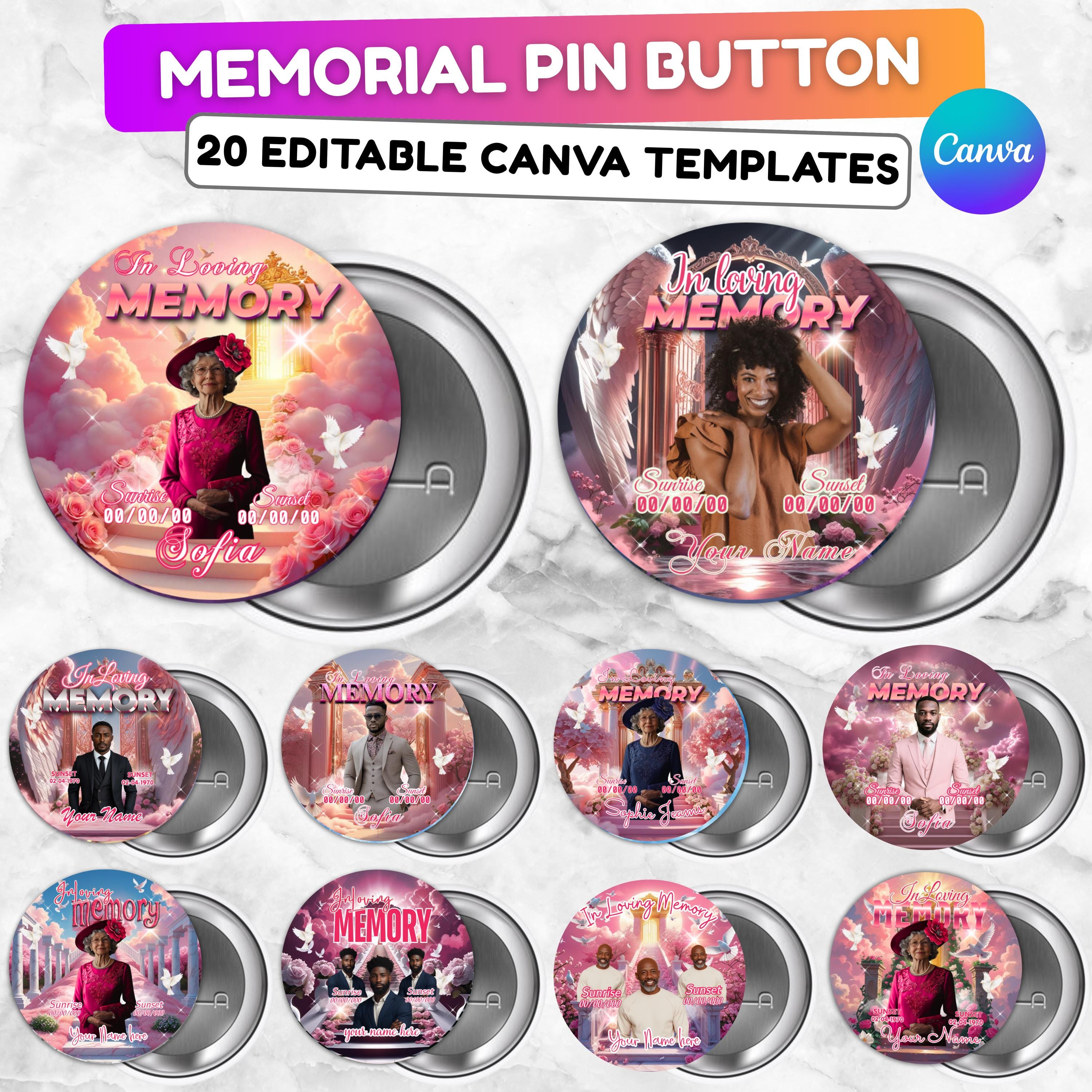 23 In Loving Memory Pink Pin Button Canva Editable Templates, In Loving Memory Templates, Memorial Canva Template, Funeral & Celebration - Editable Memorial Canva Template