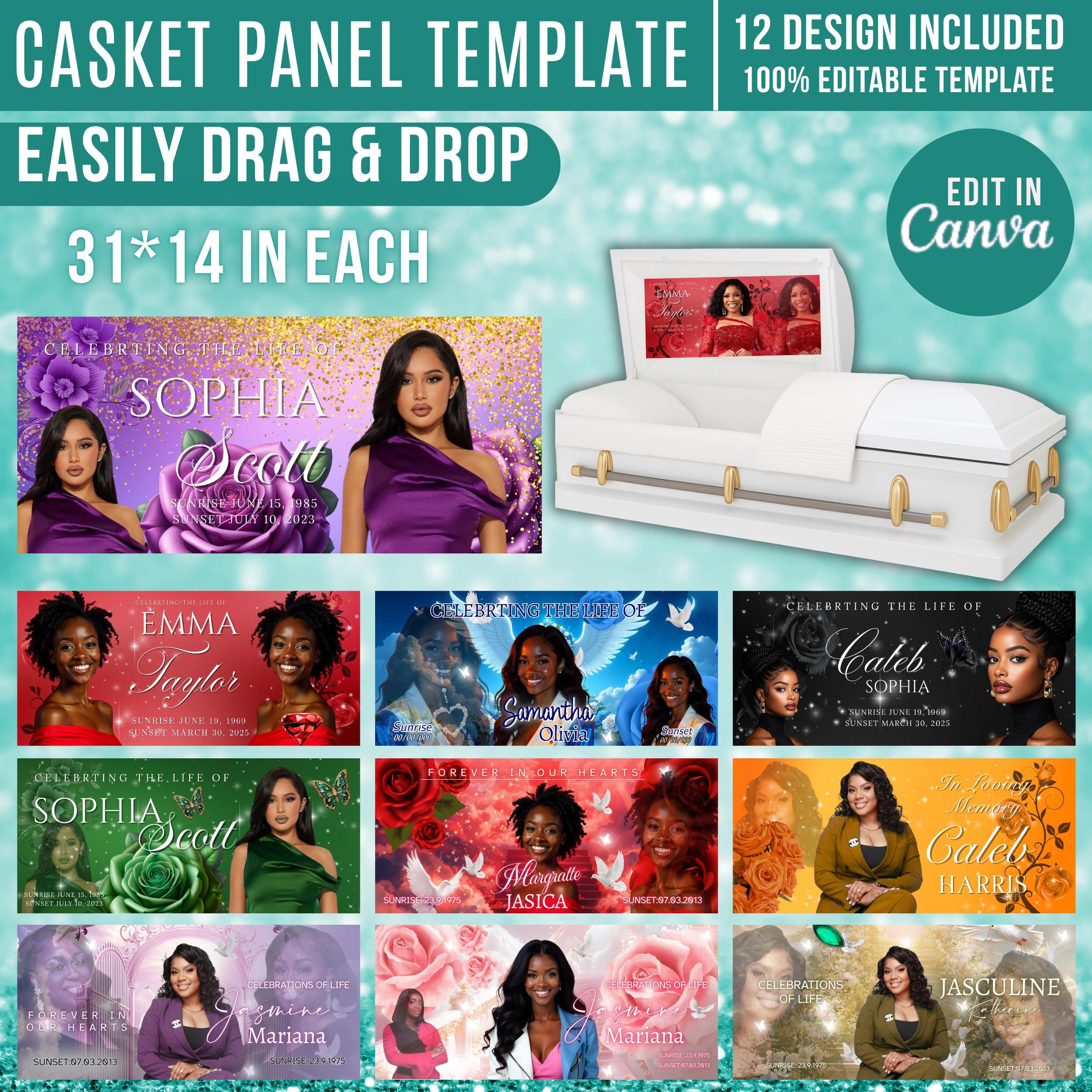 12 In Loving Memory Casket Panel Editable Templates, Personalized Casket Panel, Memorial Canva Template, Memorial Tribute, Funeral Keepsake - Editable Memorial Canva Template